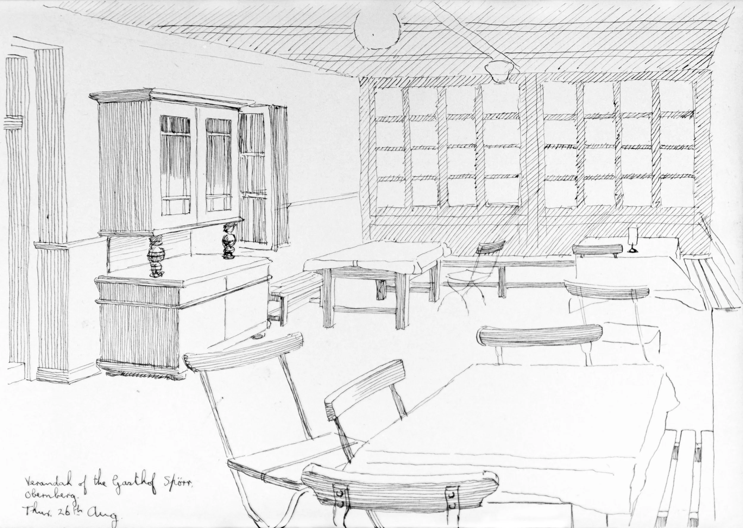 A black and white sketch of a veranda with wooden chairs and a table, overlooking a garden or natural area, with notes about the location and date, specifically mentioning Verandak the Gazdsh Stjorn in Otemberg on August 26th.