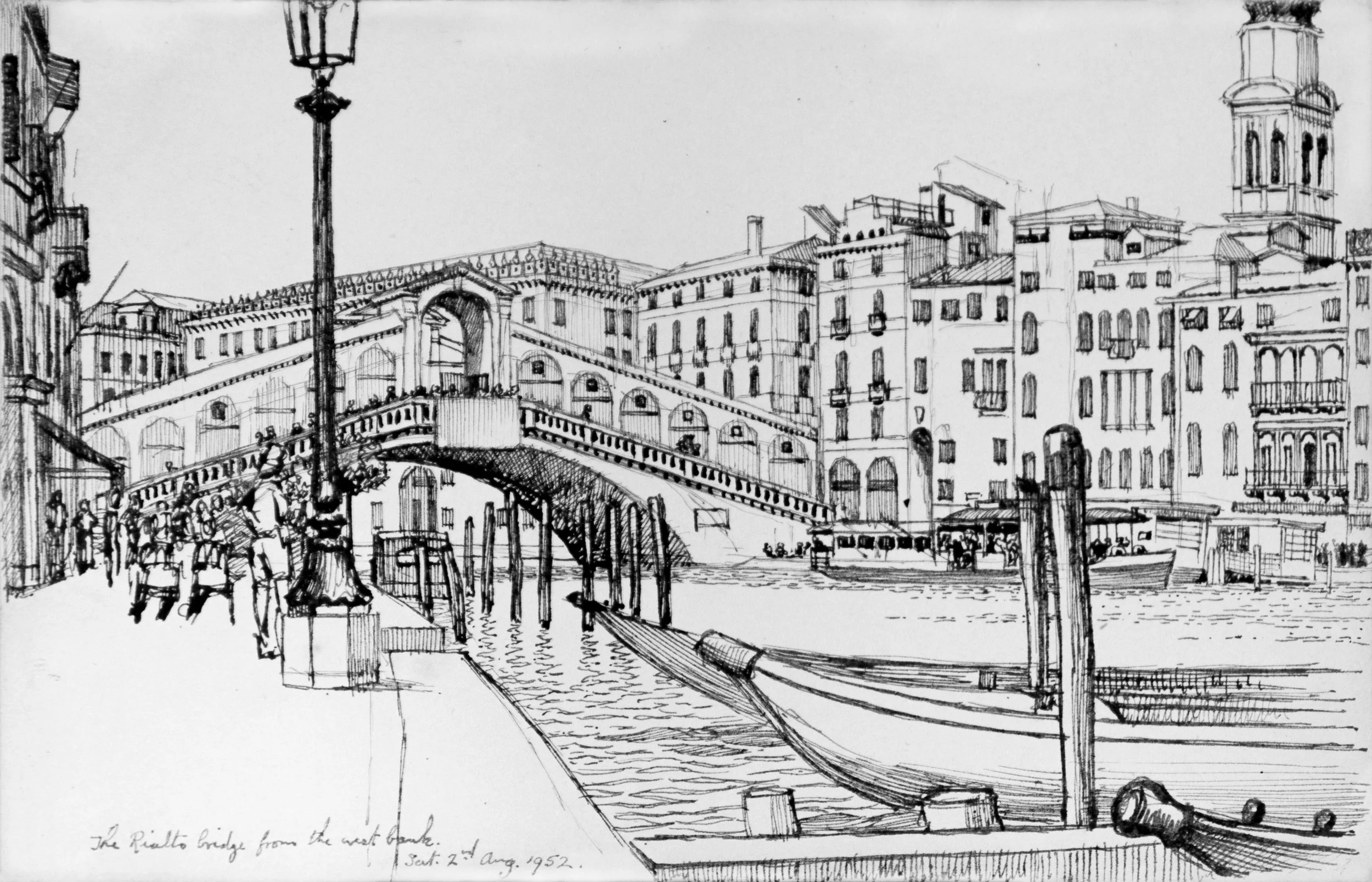 A black-and-white sketch of the Rialto bridge over a canal, with buildings, street lamps, and people walking along the waterfront, dated August 2, 1952.