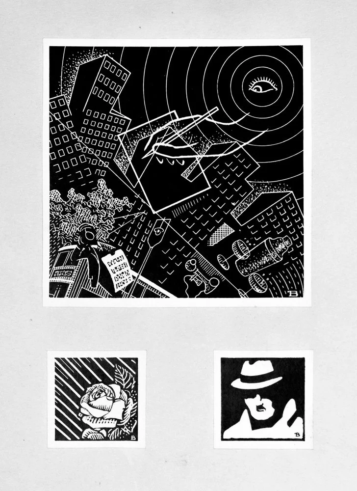 Black and white abstract illustration of a cityscape with buildings, a person with headphones reading a newspaper, and various objects including a bottle and trash bins. Two smaller portraits of a woman with glasses and a man wearing a hat are below.