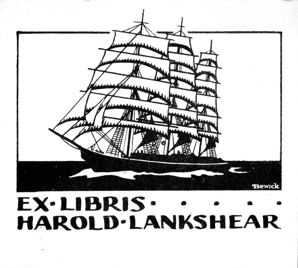 Black and white illustration of a sailing ship with multiple masts and sails, labeled "Ex-Libris Harold Lankshear."