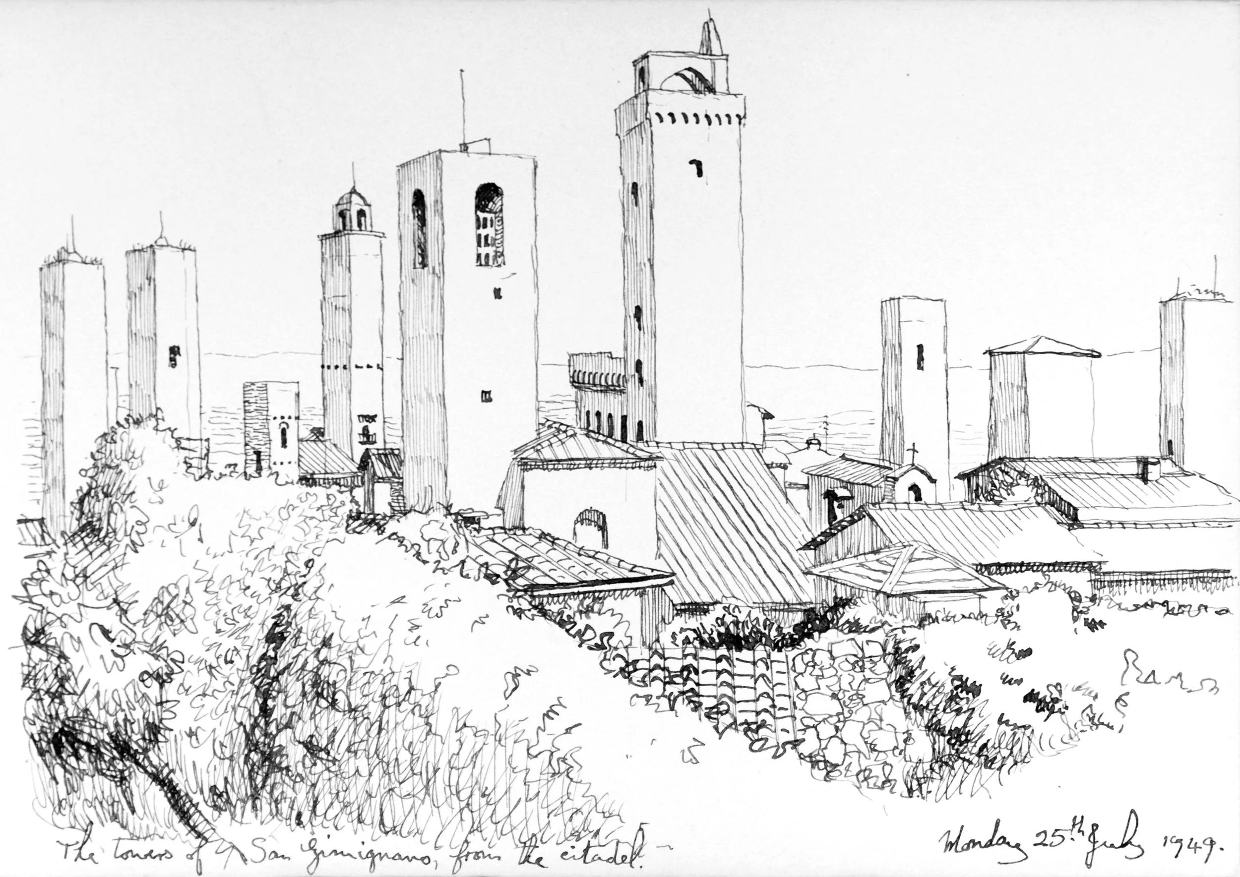 A black and white sketch of city skyline with tall towers, some featuring bell towers, and rooftops in the foreground, with handwritten notes and date 1949.