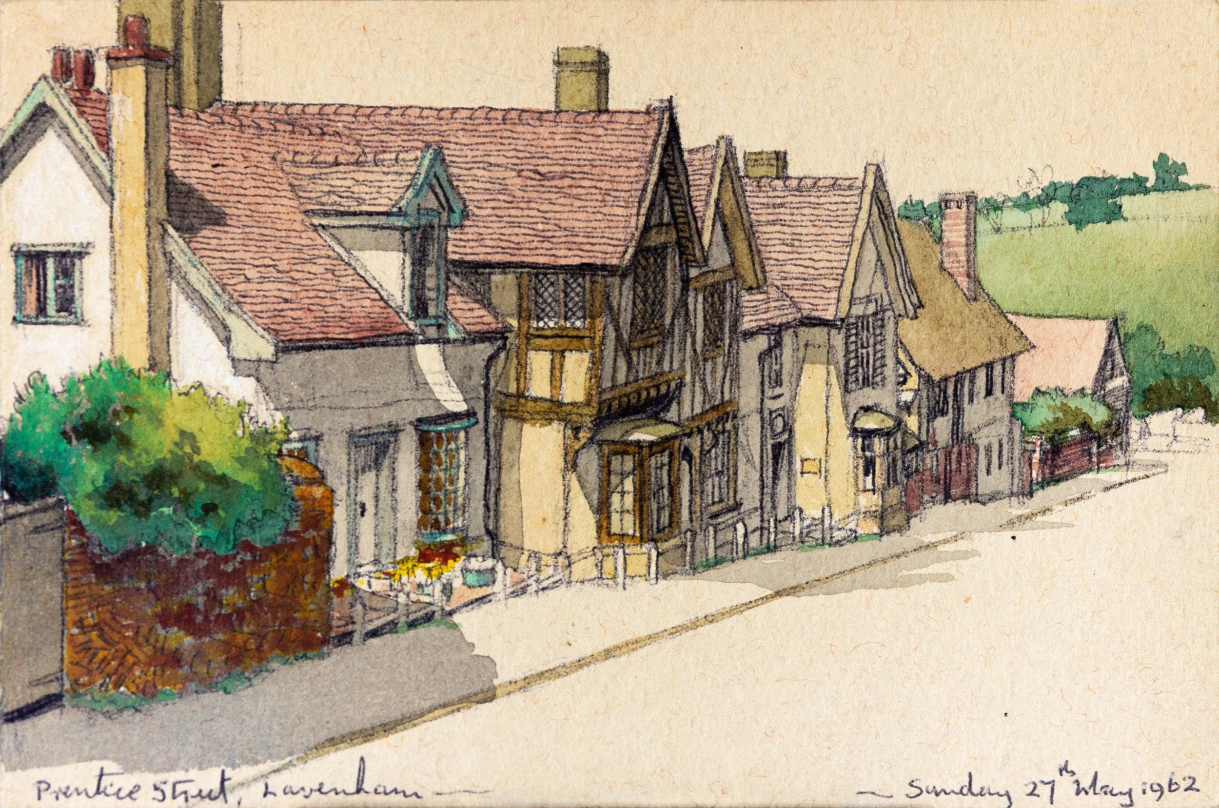 Handmade watercolor painting of a row of old buildings with red and brown tile roofs, and a lush green landscape in the background. The buildings have various architectural details, including bay windows, gables, and timber framing. There is handwrit