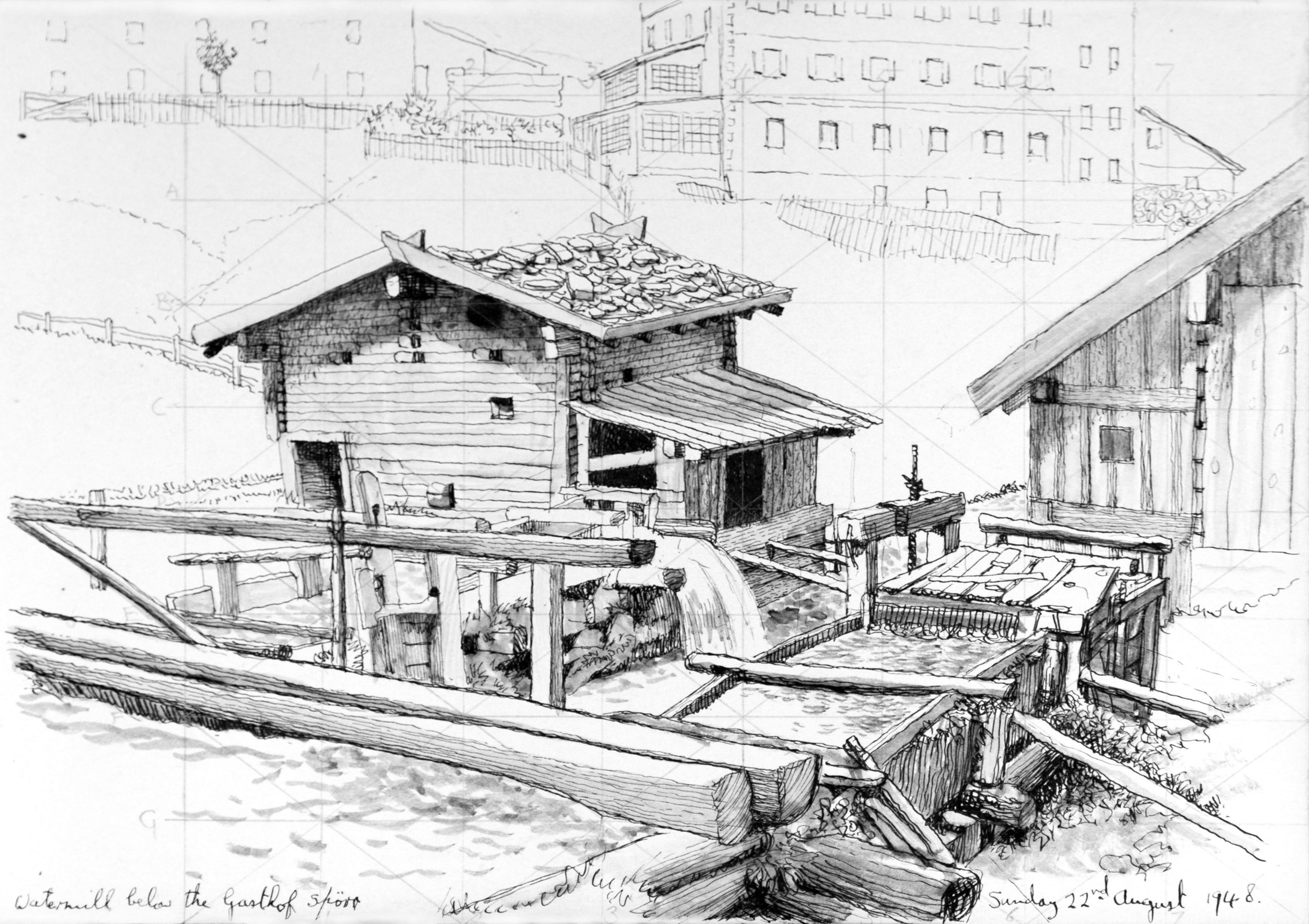 A black and white sketch of a hillside scene showing a small wooden building with a tiled roof, surrounded by fences and other structures, with a background of multi-story buildings.