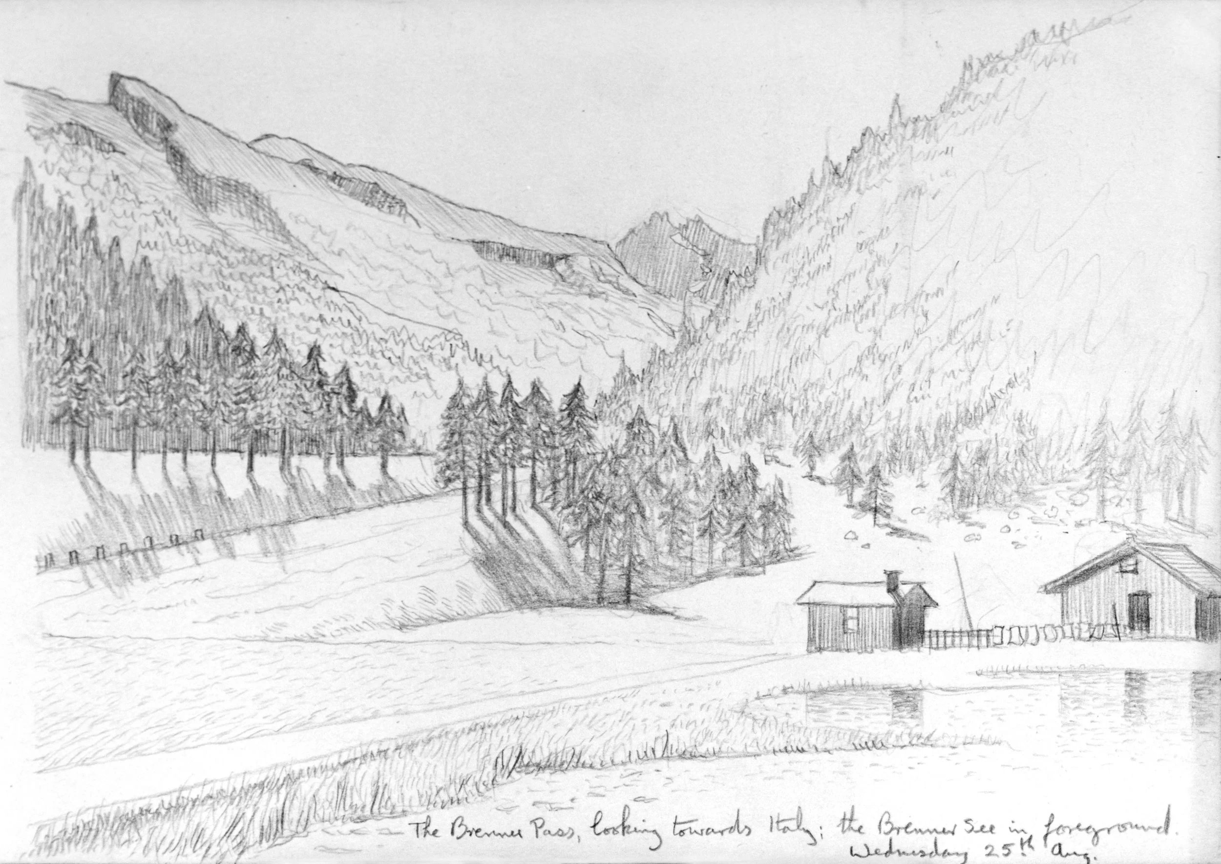 A detailed pencil sketch of a mountain landscape. It shows rolling hills, a valley, and trees in the foreground, with mountains in the background. There is also a small house or building in the lower right corner.