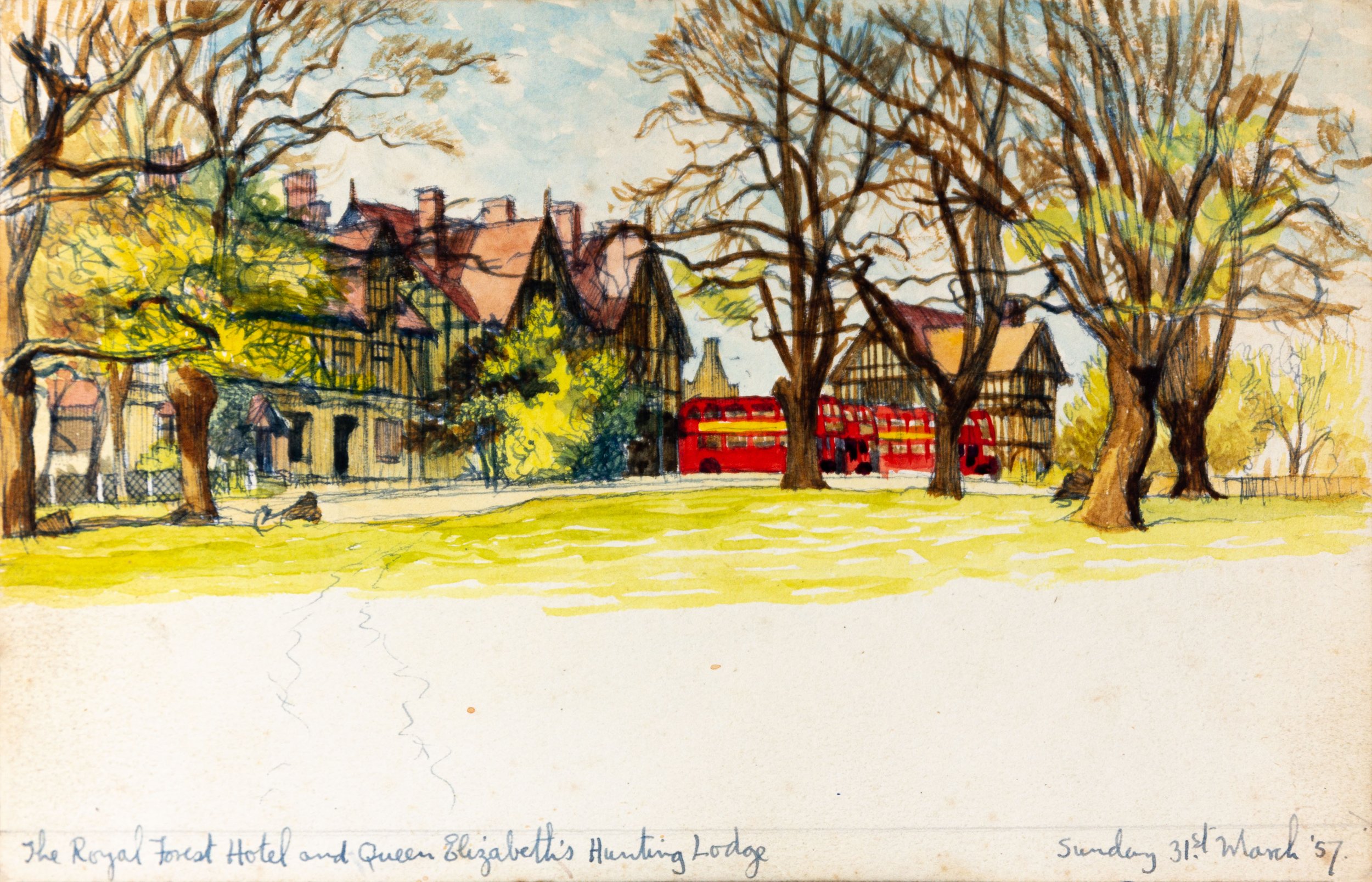 A watercolor painting of Queen Elizabeth's Hunting Lodge and the Royal Forest Hotel, with trees in the foreground and a red double-decker bus in the background, dated Sunday, 31st March 1957.