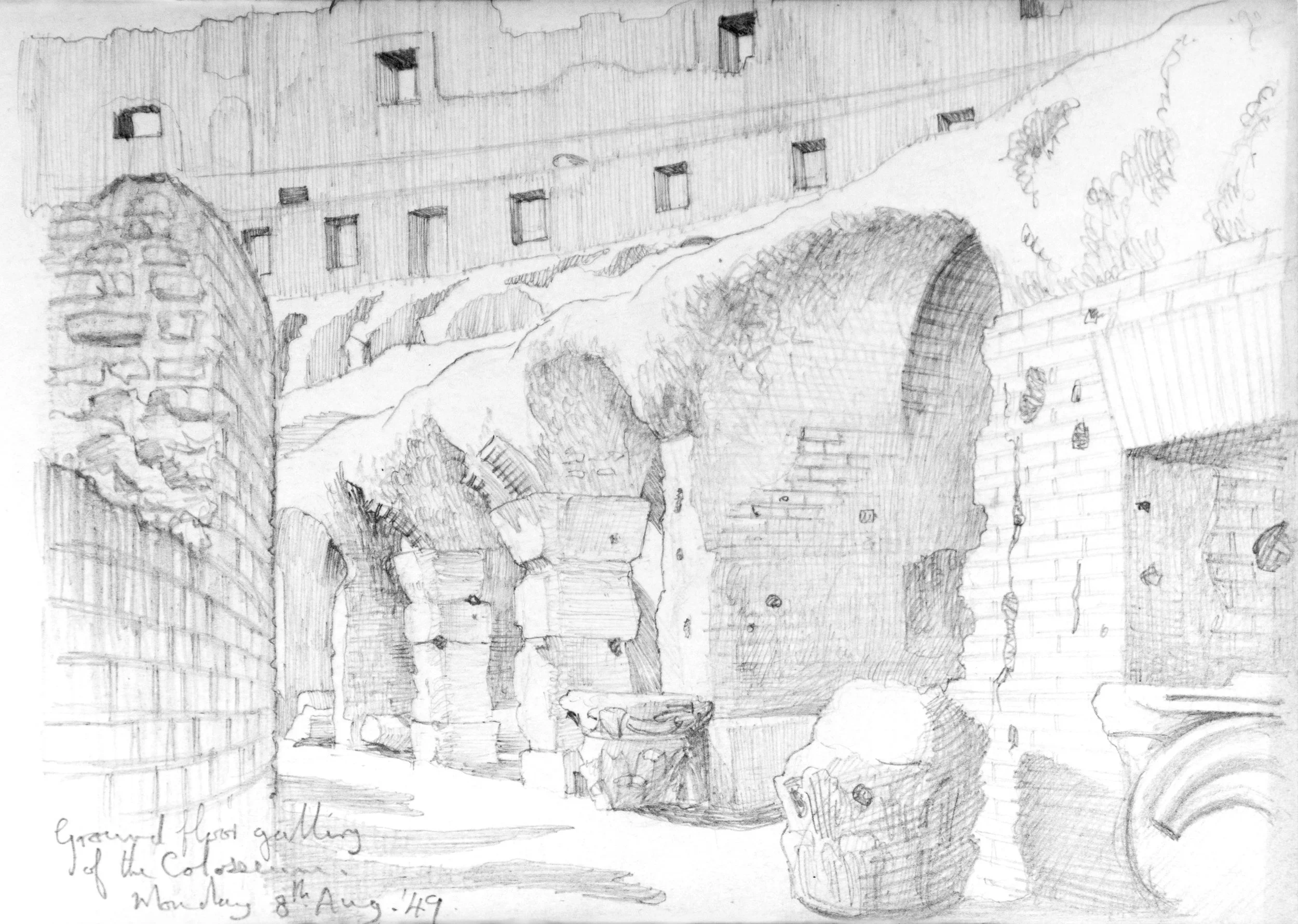 A detailed pencil sketch of an archway and part of a stone wall with windows and a landscape in the background, including trees and a building.