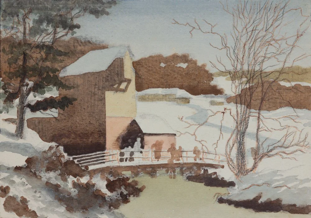 Watercolor painting of a snowy rural landscape with house, trees, and a small bridge with people walking.