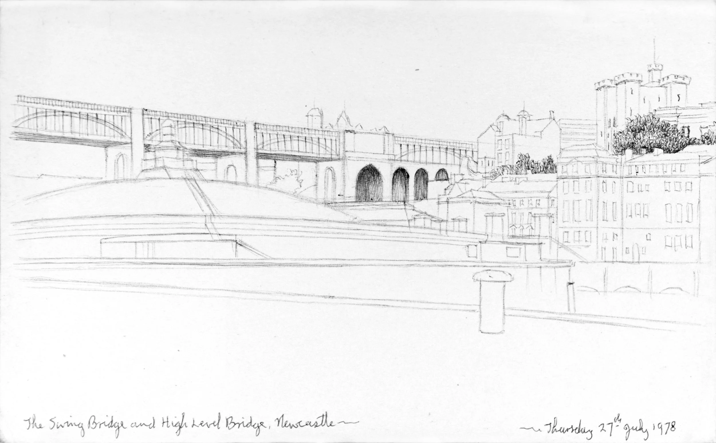 A detailed pencil sketch of two bridges over a cityscape, with buildings and trees in the background, dated July 27, 1978, in Newcastle.