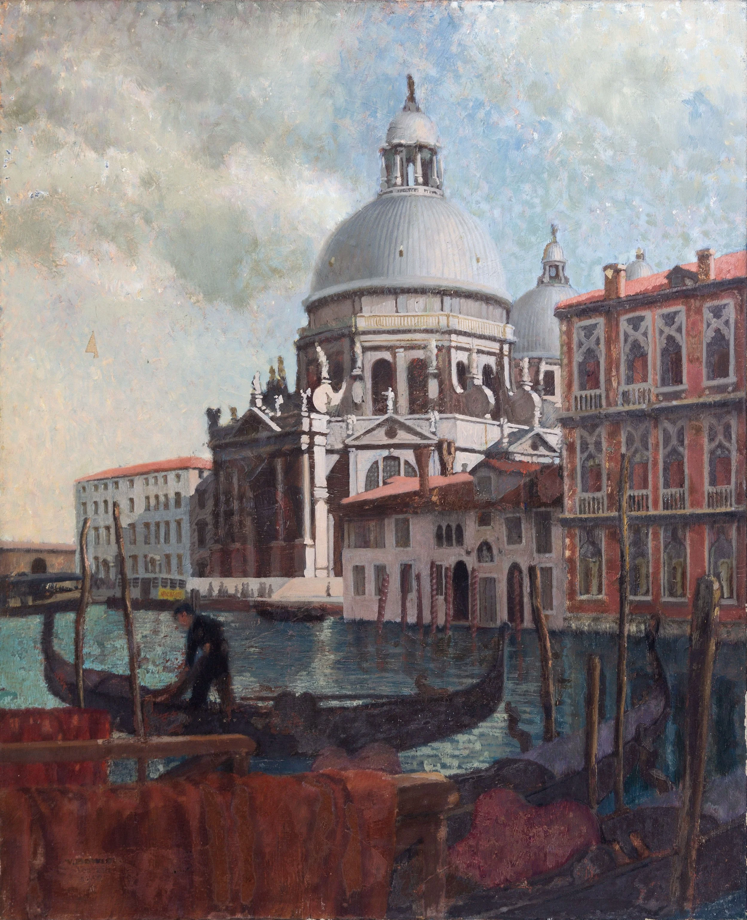 A cityscape featuring a large domed church with classical architecture, including columns and statues, seen from the water with a gondola and a gondolier in Venice, Italy. The scene is painted in a realistic style.