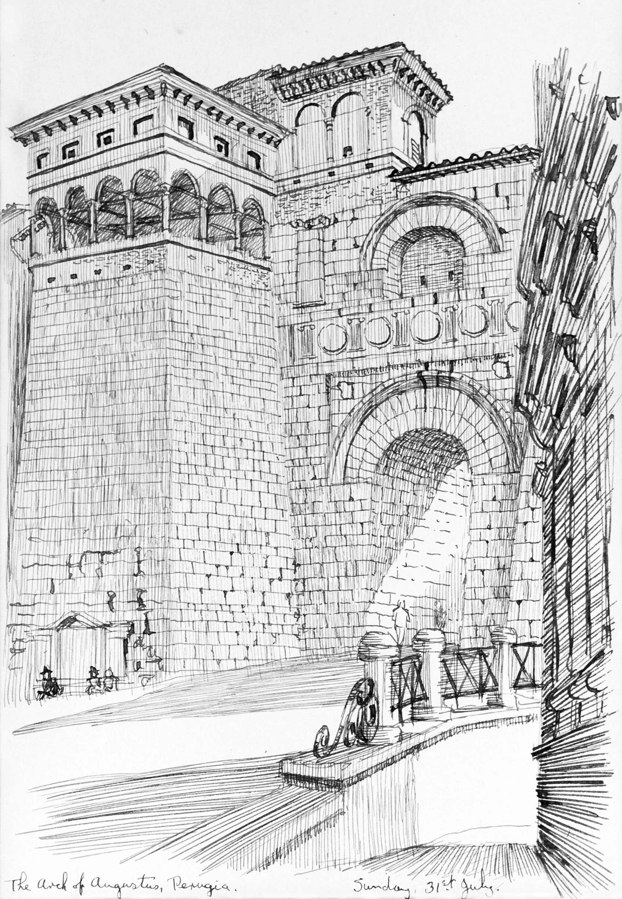 Pen and ink sketch of the Arch of Augustus in Perugia, Italy, showing an arched entrance with decorative circular motifs and a tall tower-like structure next to it. People are walking nearby, and parts of a stone building are visible on the right.