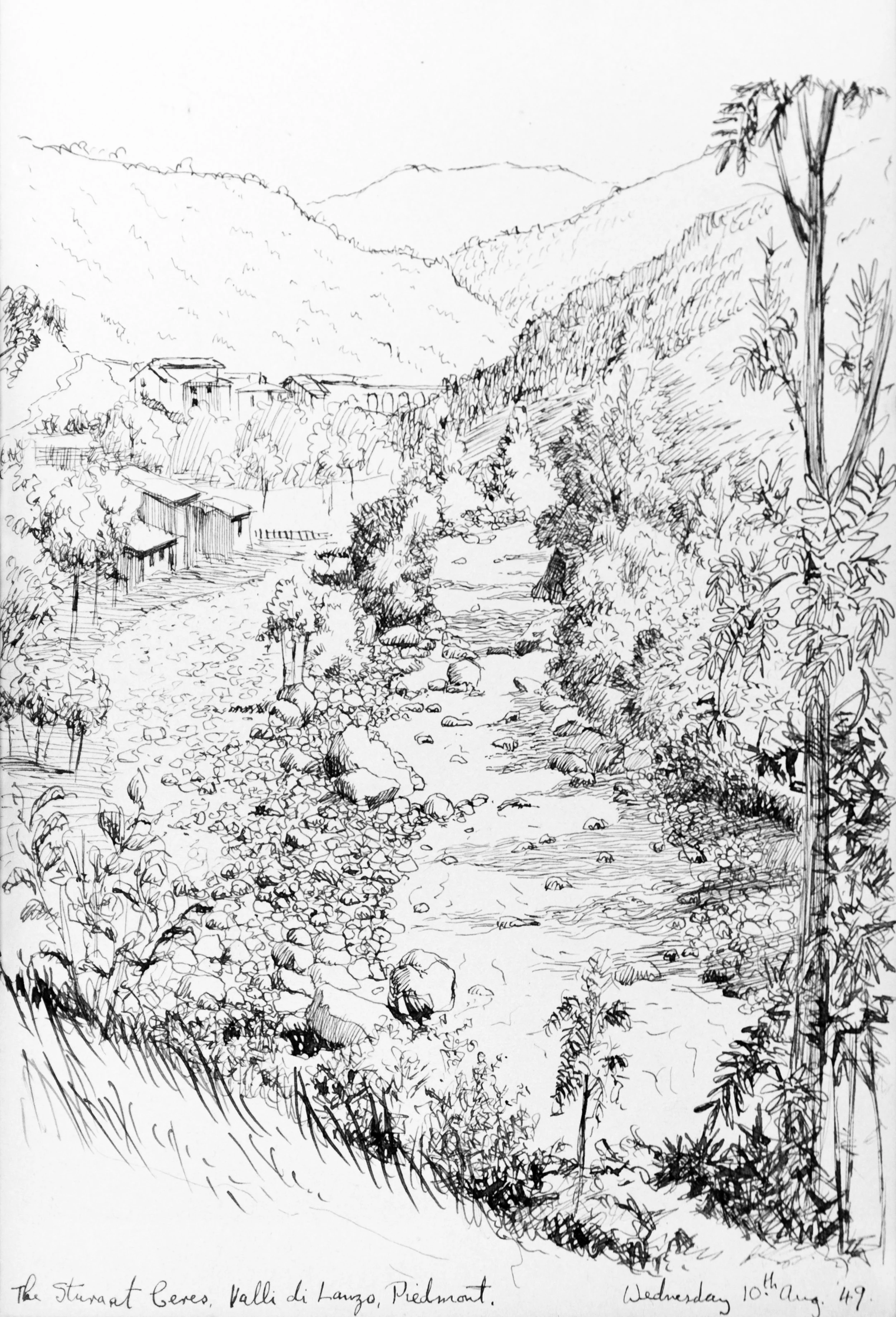 A detailed black-and-white sketch of the Stargat Gorges in Vall di Lanzio, Piedmont, depicting rocky terrain, a river flowing through the valley, trees, and distant hills in the background.