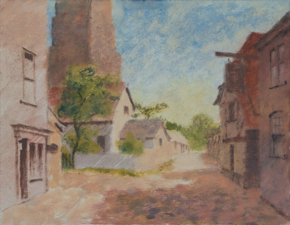 A watercolor painting of a quiet street with old buildings, a few trees, and a clear blue sky.