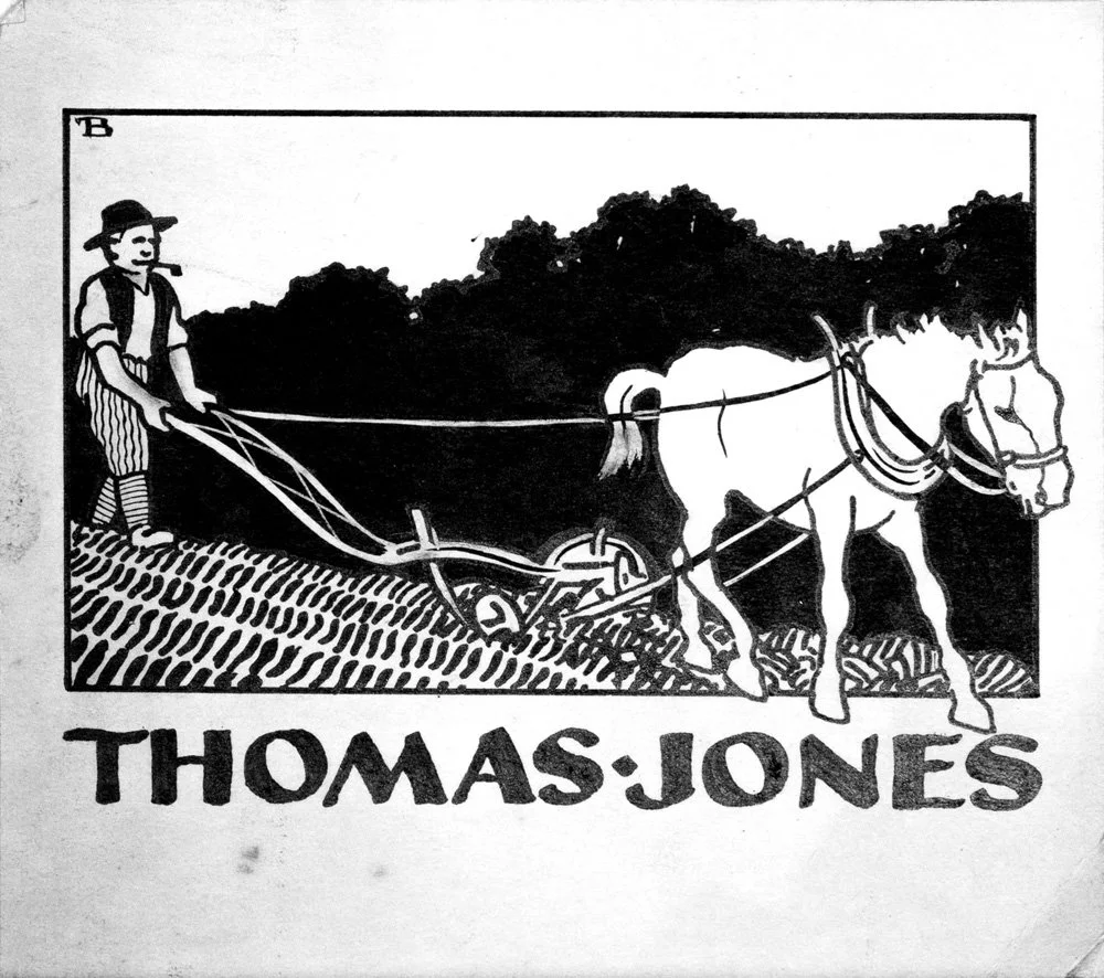 Black and white illustration of a man plowing a field with a horse, with trees in the background, and the text 'THOMAS JONES' underneath.