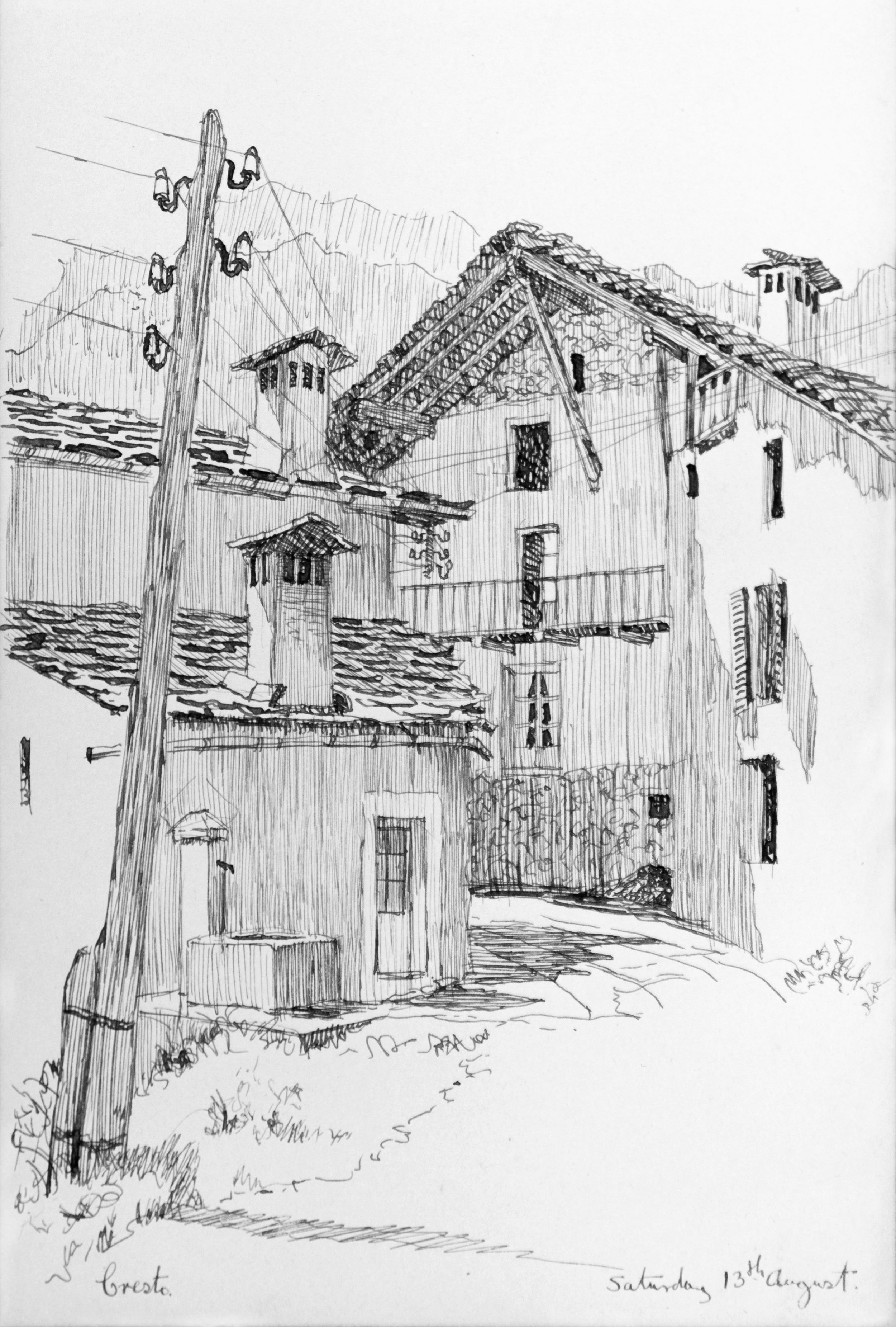 Sketch of a house in Brest, with a sloped roof, windows, and a chimney, next to a utility pole with wires, and some grass in the foreground. The date noted is Saturday, 13th August.