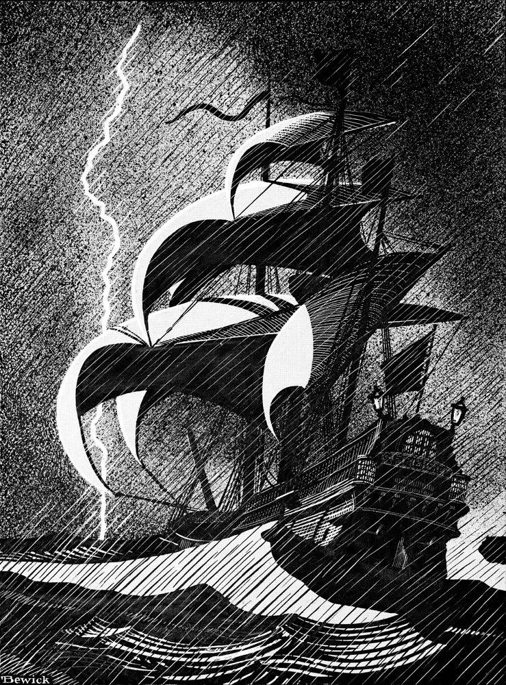 Black and white illustration of a sailing ship with billowing sails in rough seas during a thunderstorm with lightning in the background.