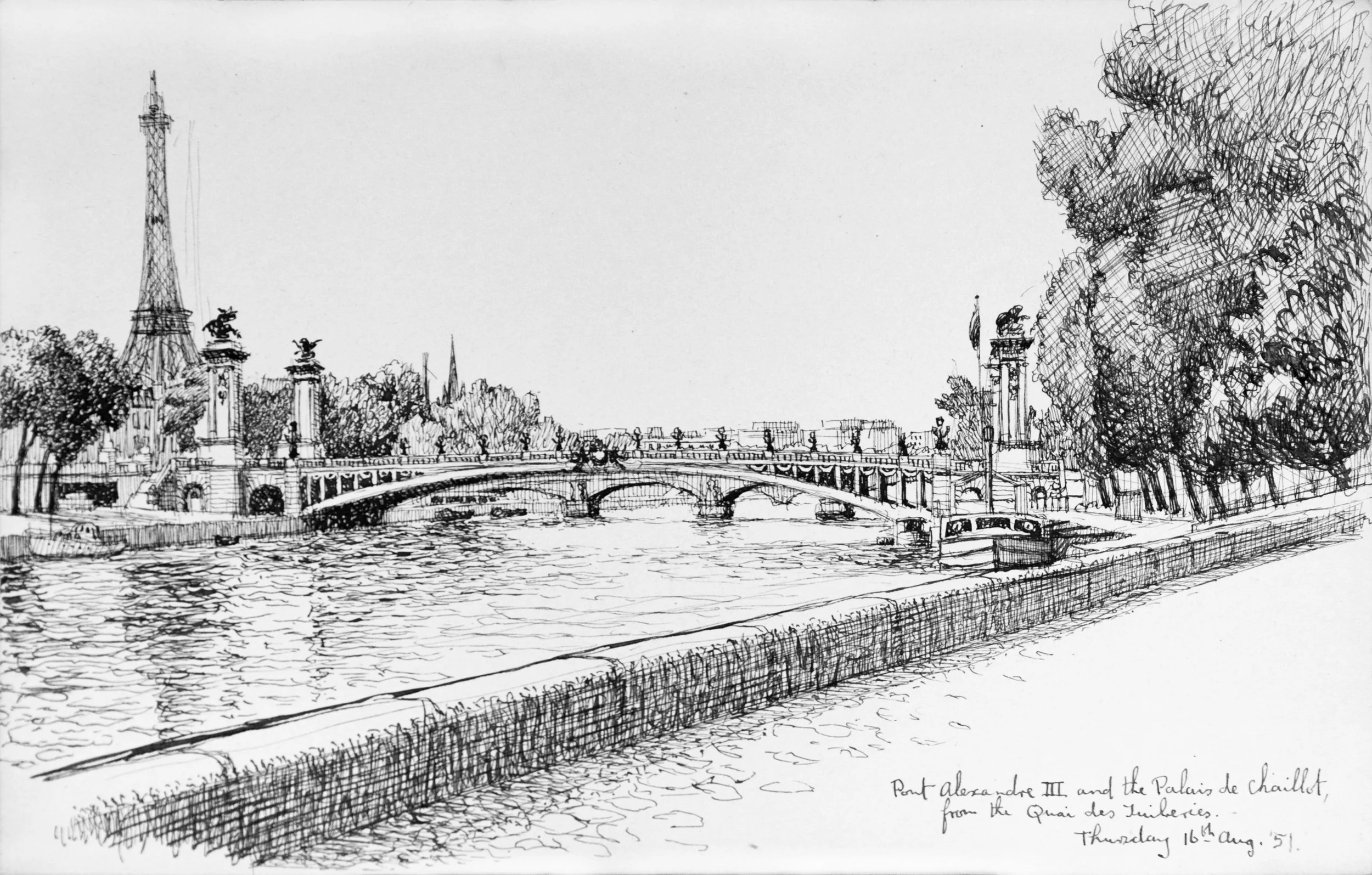 A detailed black and white sketch of a bridge over a river with historic lamp posts and trees, indicating a scenic view of the Pont Alexandre III and Palais de Chaillot from the Quai des Tuileries, dated Thursday, 16th August 1951.