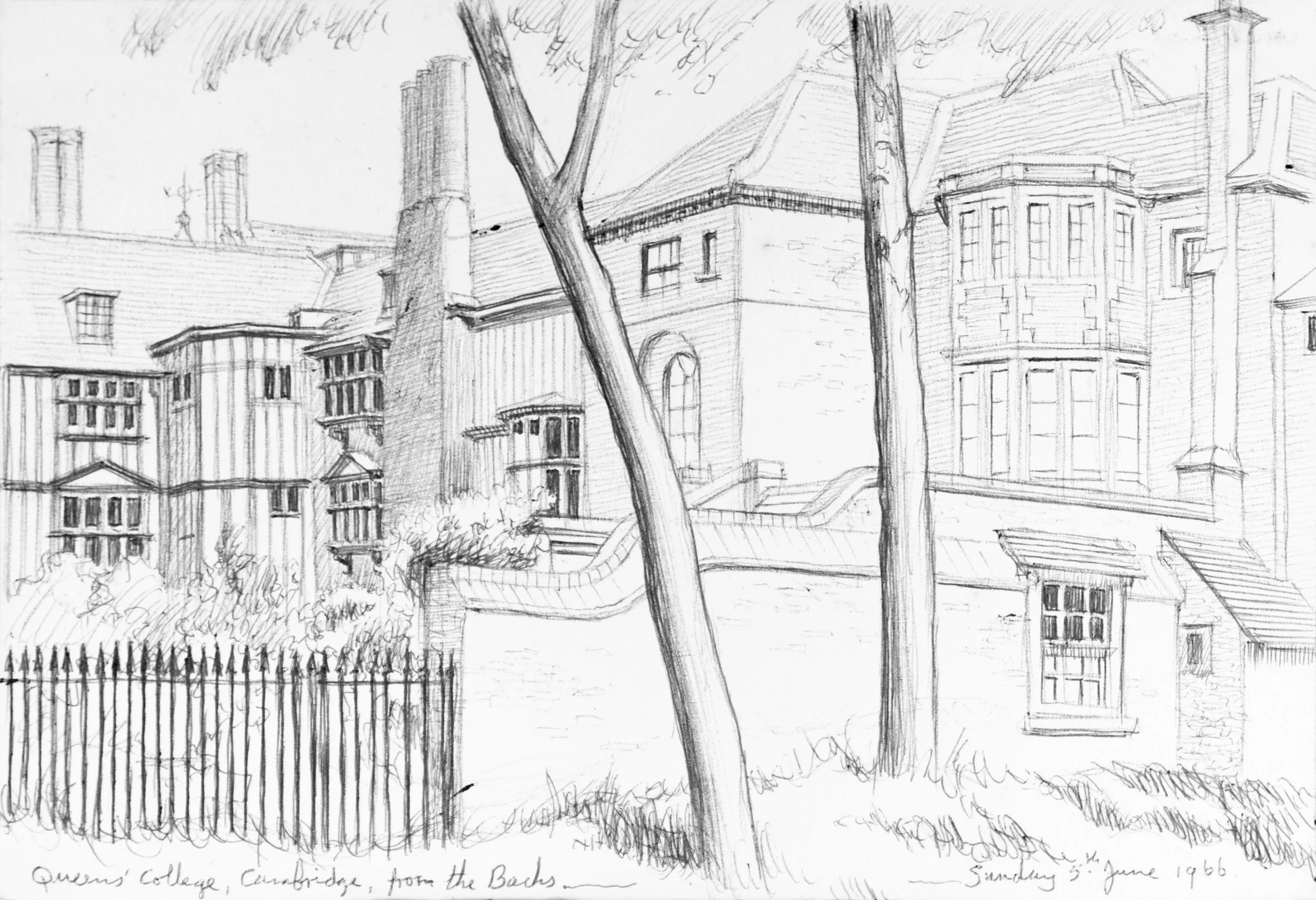 A black and white pencil sketch of Queen's College in Cambridge, shown from the back, with several chimneys, a pitched roof, and multiple windows. A tall tree is in the foreground, and a fence lines the bottom of the image. The sketch is dated Sunday