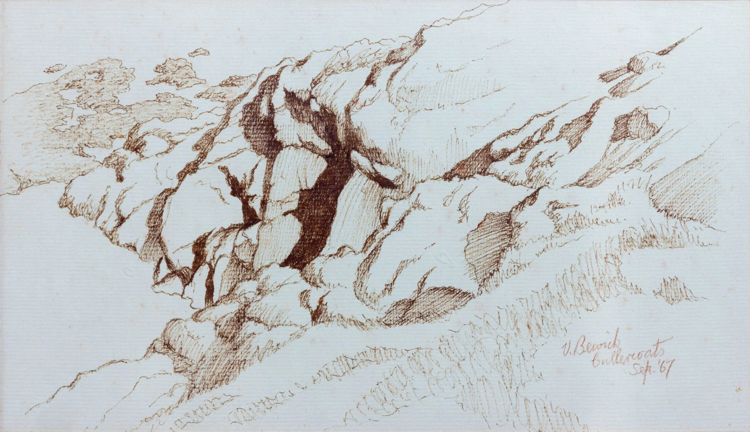 A detailed brown ink sketch of a rugged mountain landscape with steep cliffs and rocky formations