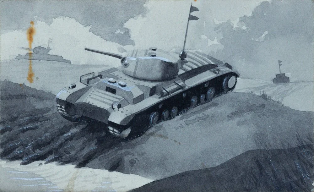 A grayscale illustration of a tank with a flag on its top, moving across a rugged landscape with mountains in the background and another distant military ship or structure on the water.