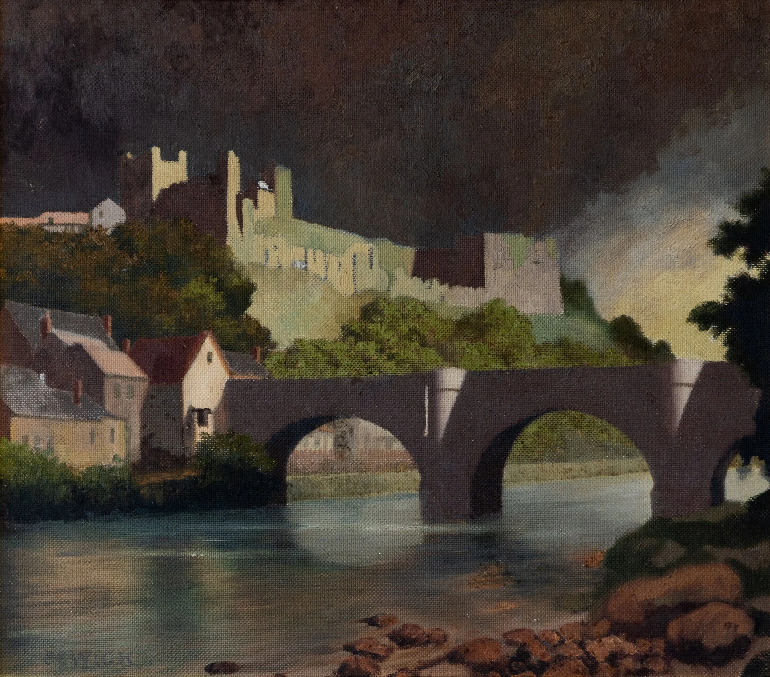 A painting of a landscape scene featuring a castle atop a hill, a bridge over a river, trees, and a cloudy sky.