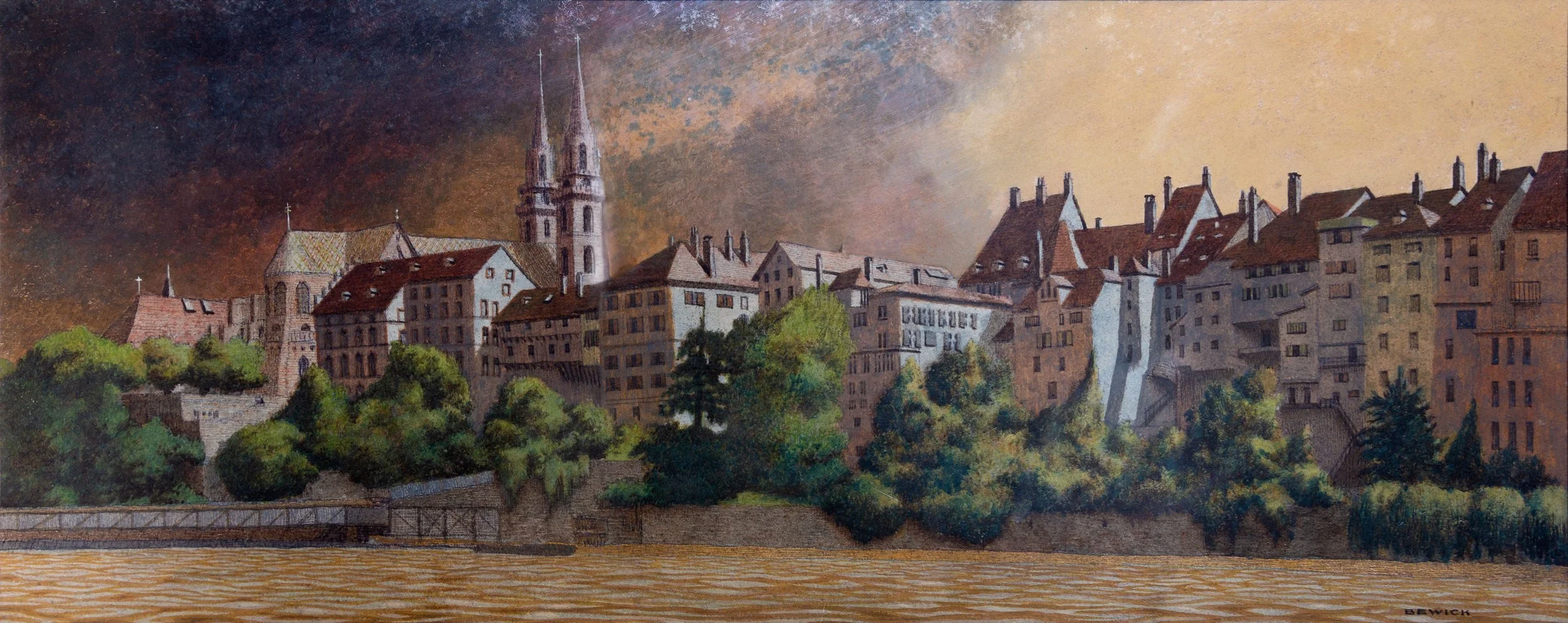 Painting of a European cityscape with colorful buildings, a church with tall spires, and lush greenery along a riverbank, under a sky mixed with dark and light clouds.