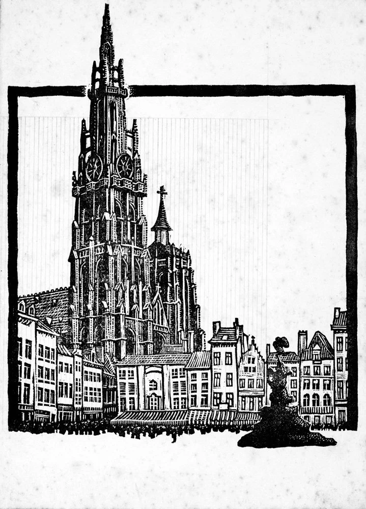 Black and white illustration of a tall cathedral with Gothic architecture, surrounded by smaller buildings and a fountain in the foreground.