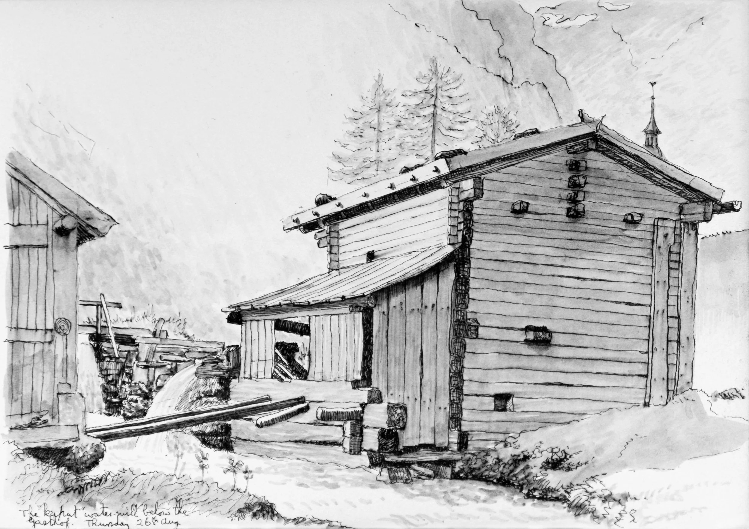 Sketch of wooden houses on a hillside, with trees and clouds in the background.