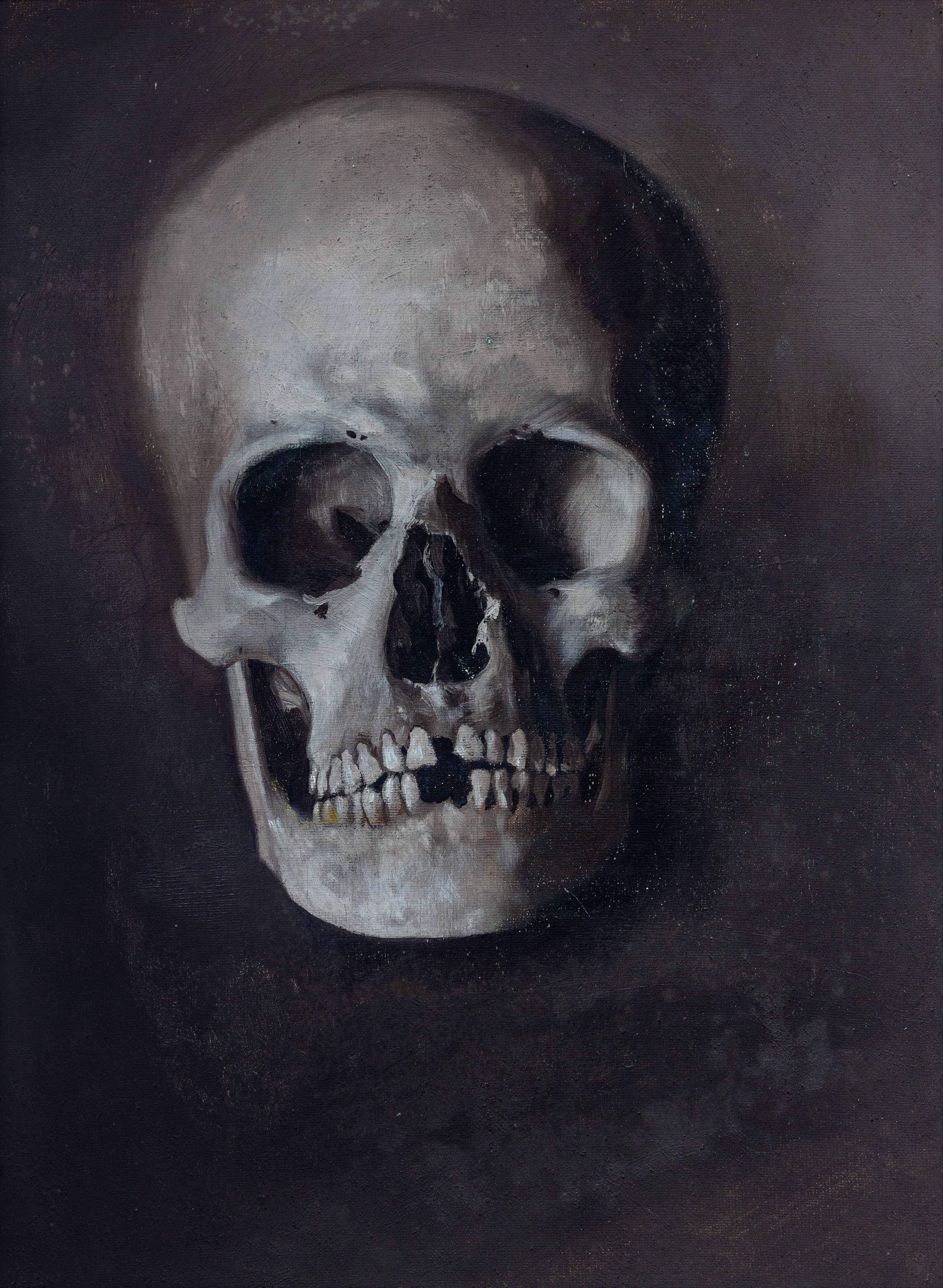 A painting of a human skull against a black background.