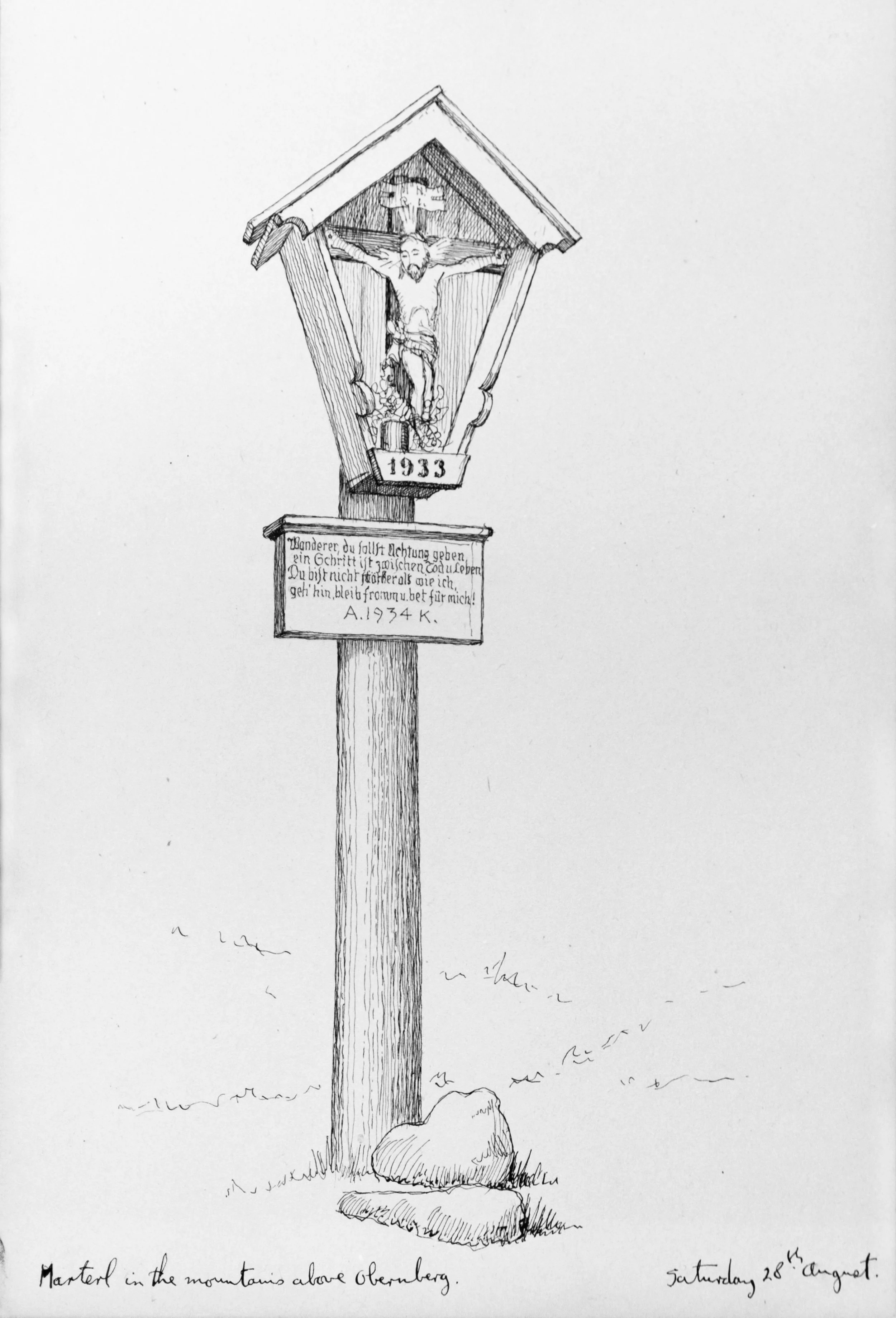 A black and white sketch of a mountain landscape with a wooden sign and a rock at the base. The sketch includes handwritten notes at the bottom stating "Materhorn in the mountains above Obernberg" and the date "Saturday 28th August."