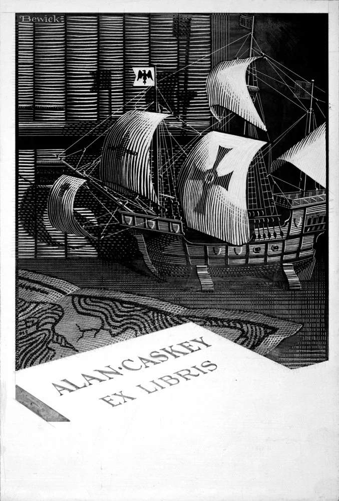 Black and white illustration of a ship with sails featuring a cross, docked near a building with horizontal lines, and an open book with the title "Alan Maskey Ex Libris" in the foreground.