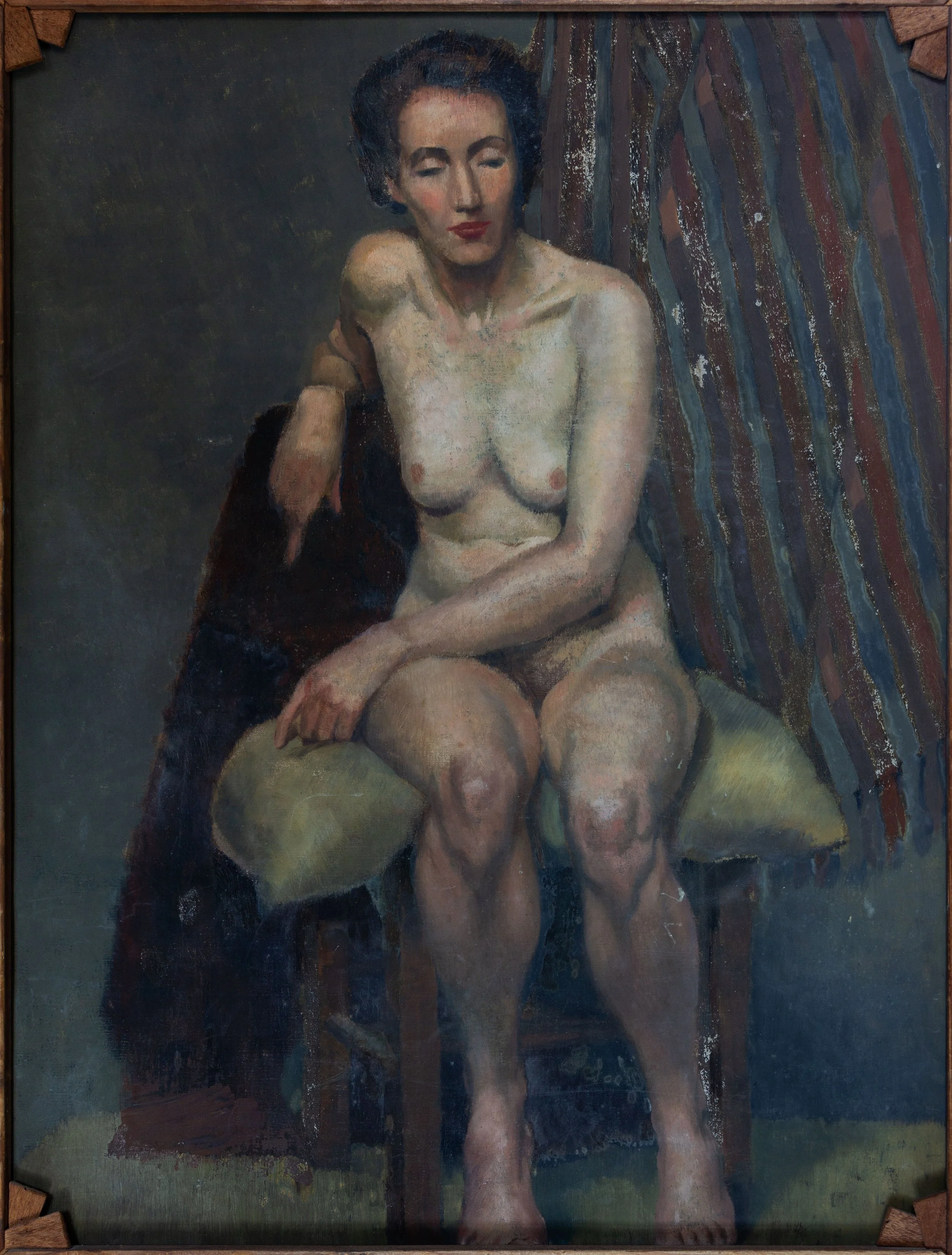 A painting of a nude woman with short dark hair, seated with her arms resting on her lap, against a striped curtain background.