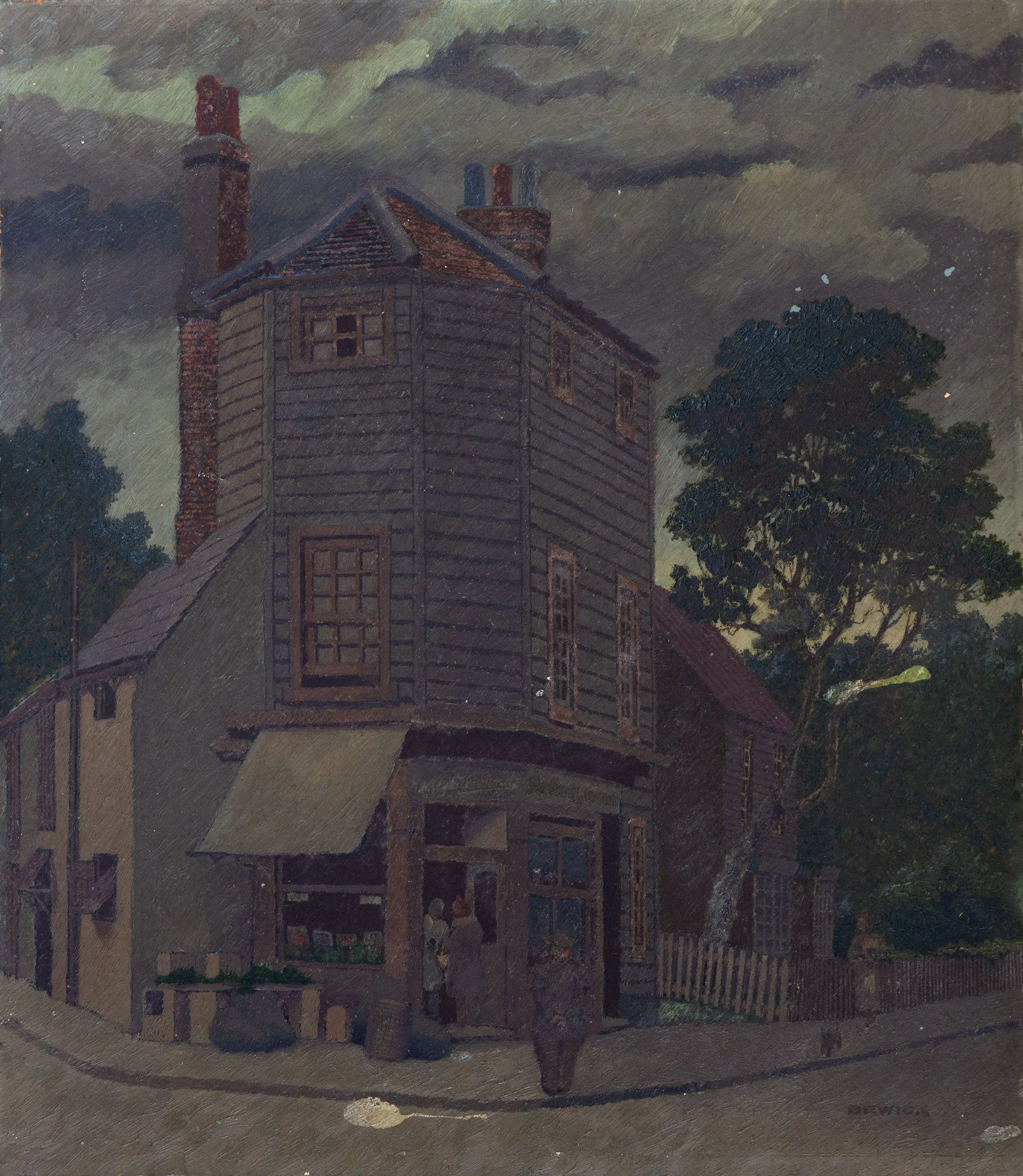 A painting of a wooden house with a steep roof, multiple chimneys, and trees surrounding it. Dark, cloudy sky overhead.