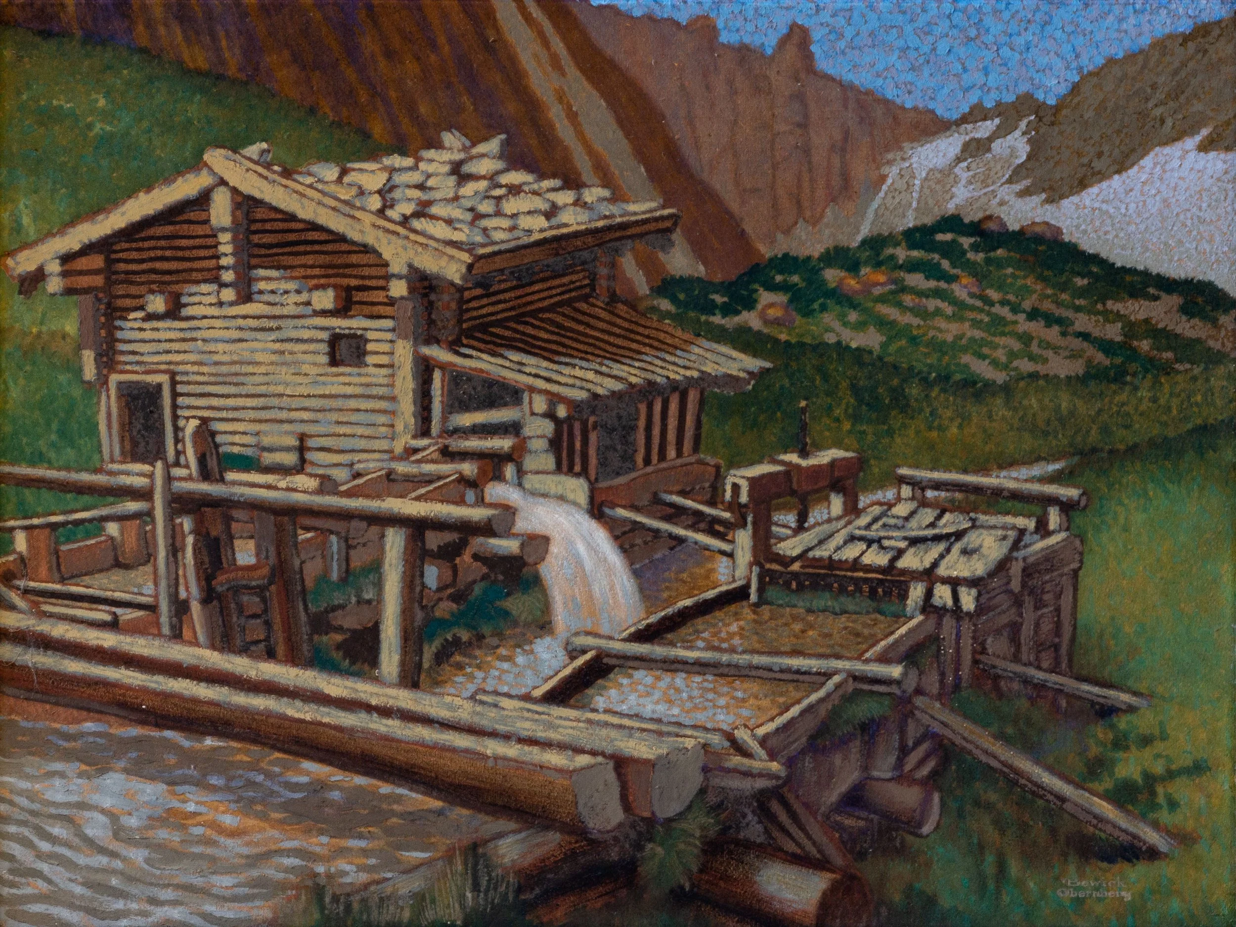 Painting of a log cabin with a stone chimney, wooden roof, and a water wheel, set against green hills and rocky mountains in the background.