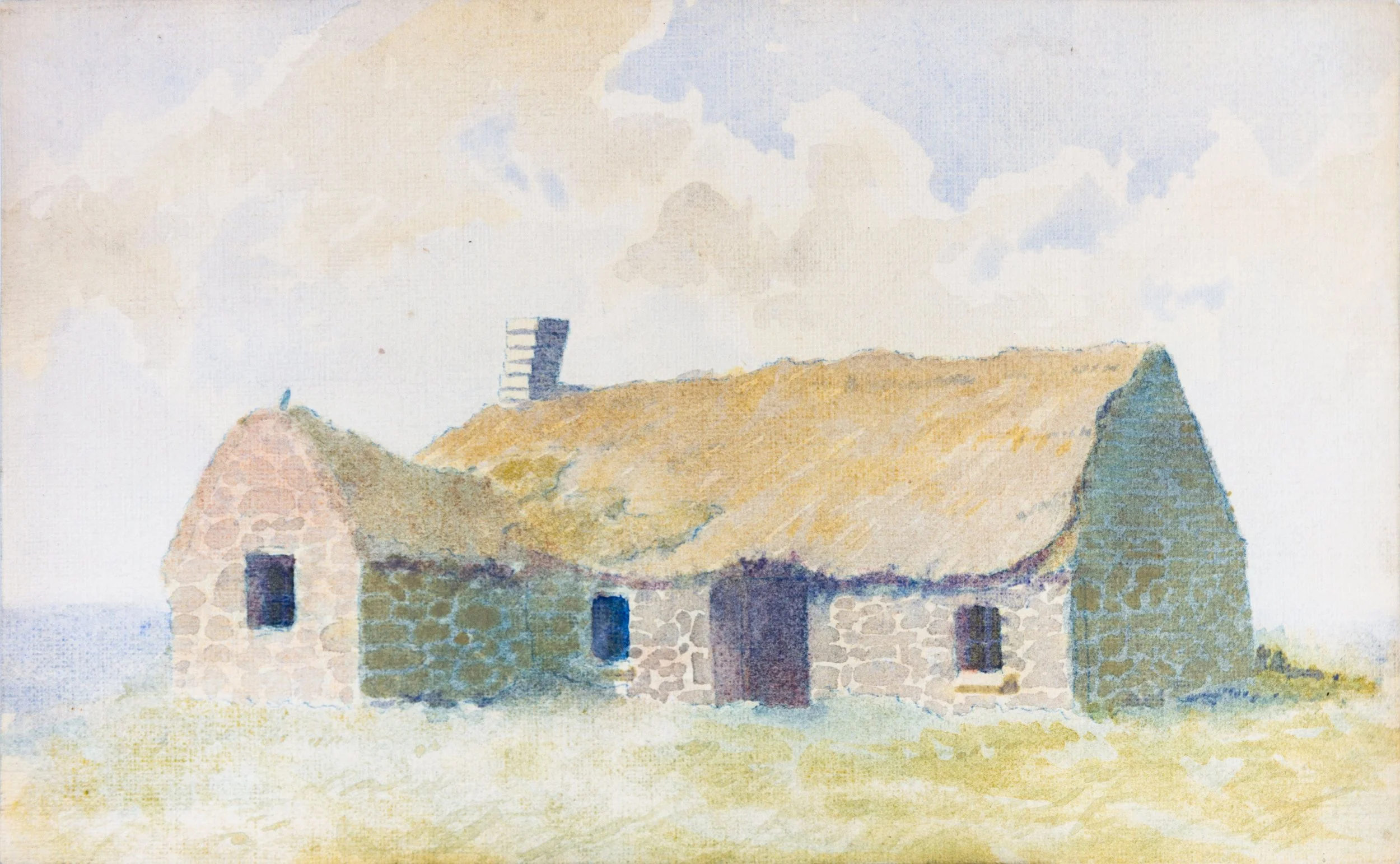 A watercolor painting of a small stone house with a thatched roof, three small windows, and a chimney, set against a landscape with hills and cloudy sky.