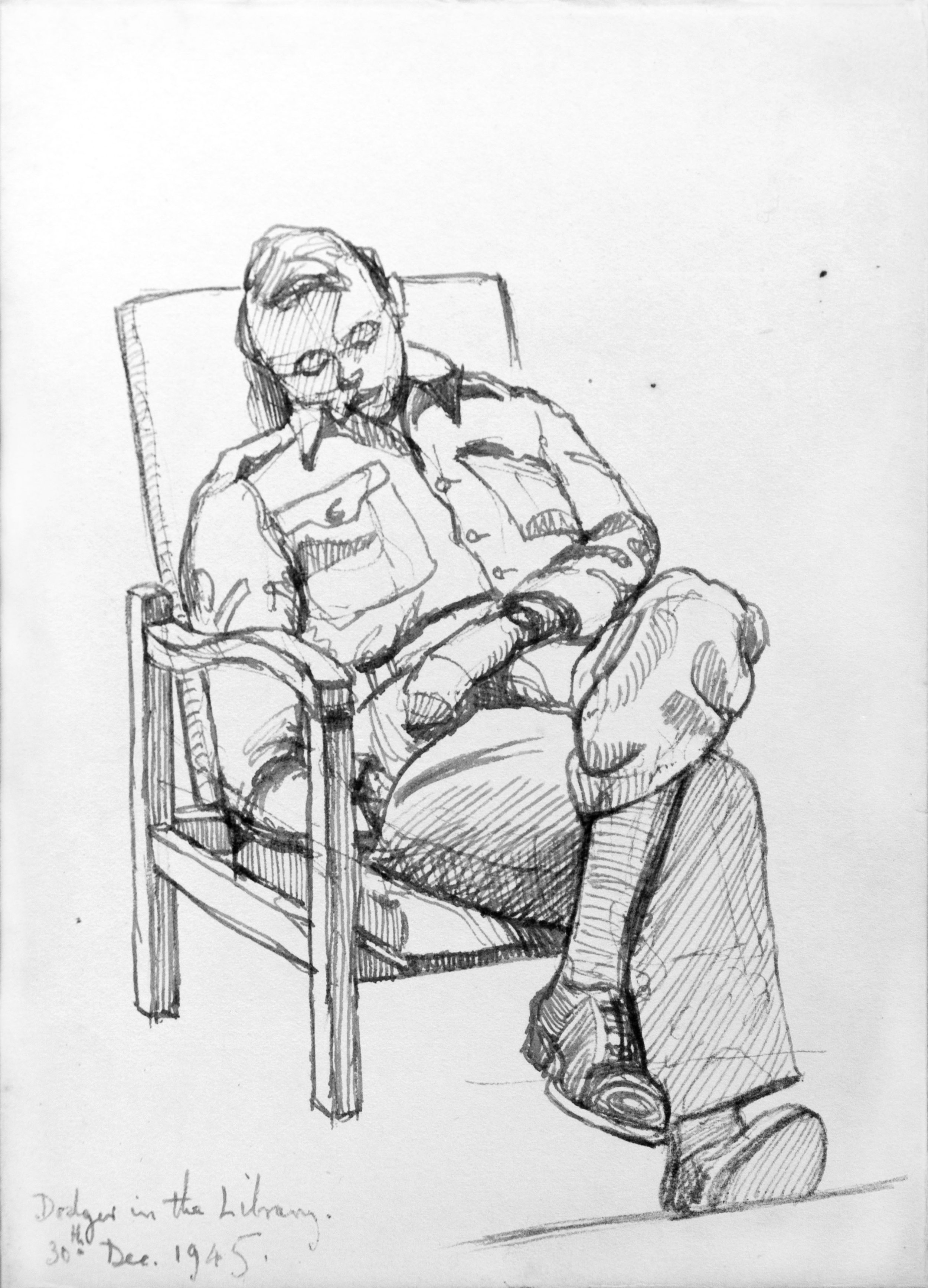 A sketch of a man sitting in a chair, leaning back with his legs crossed and resting his head on his hand, while holding a book in his lap. The drawing includes a handwritten note at the bottom which reads: "Dodger in the Library, 30th Dec. 1945."