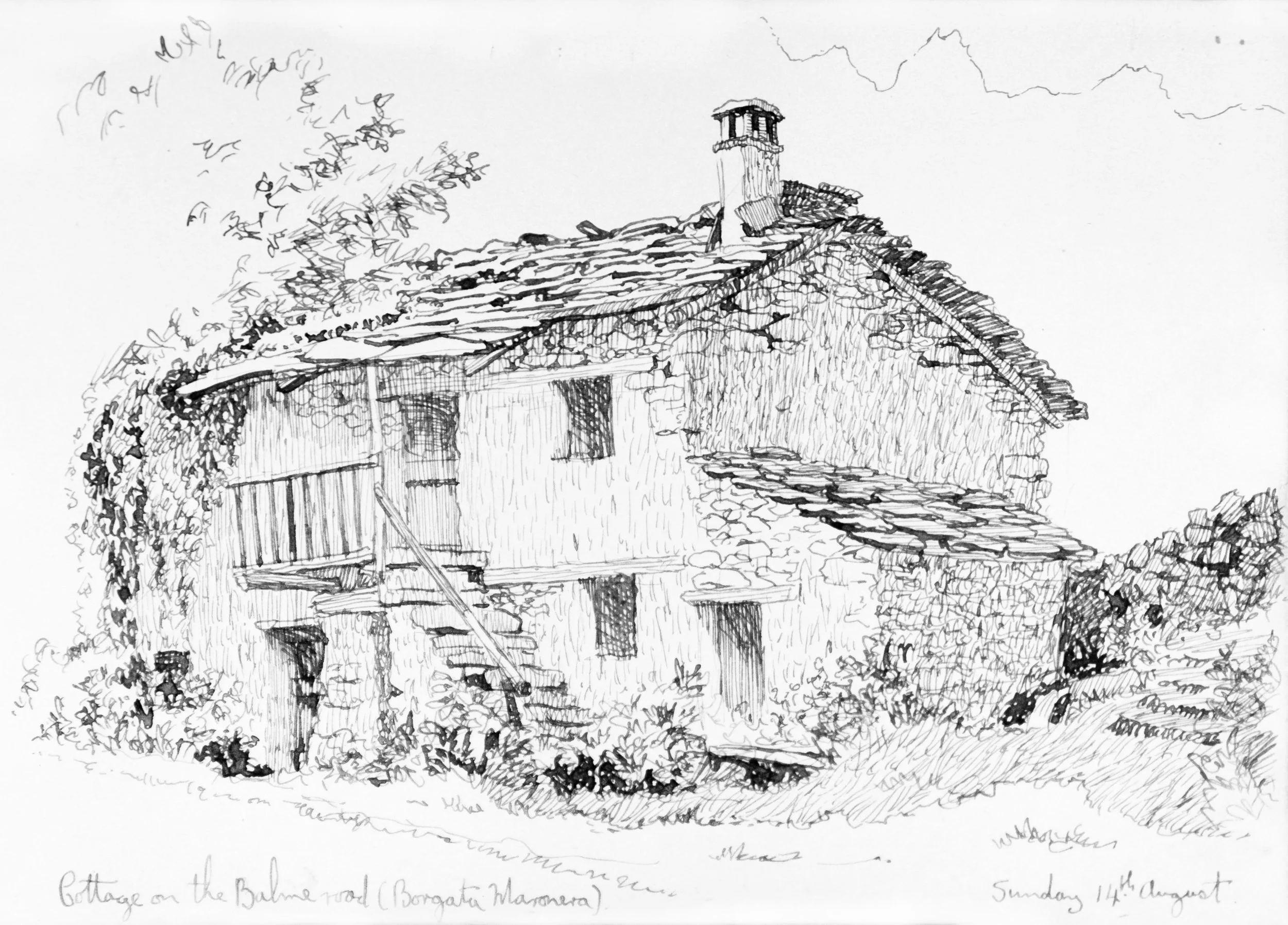 Black and white sketch of a cottage with a sloped roof, chimney, and a balcony, set in a natural landscape with trees and clouds.
