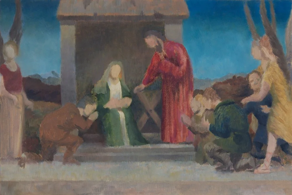A church scene with a woman sitting on a step, children kneeling, and a man in a long red robe reading from a book, with two women standing nearby.