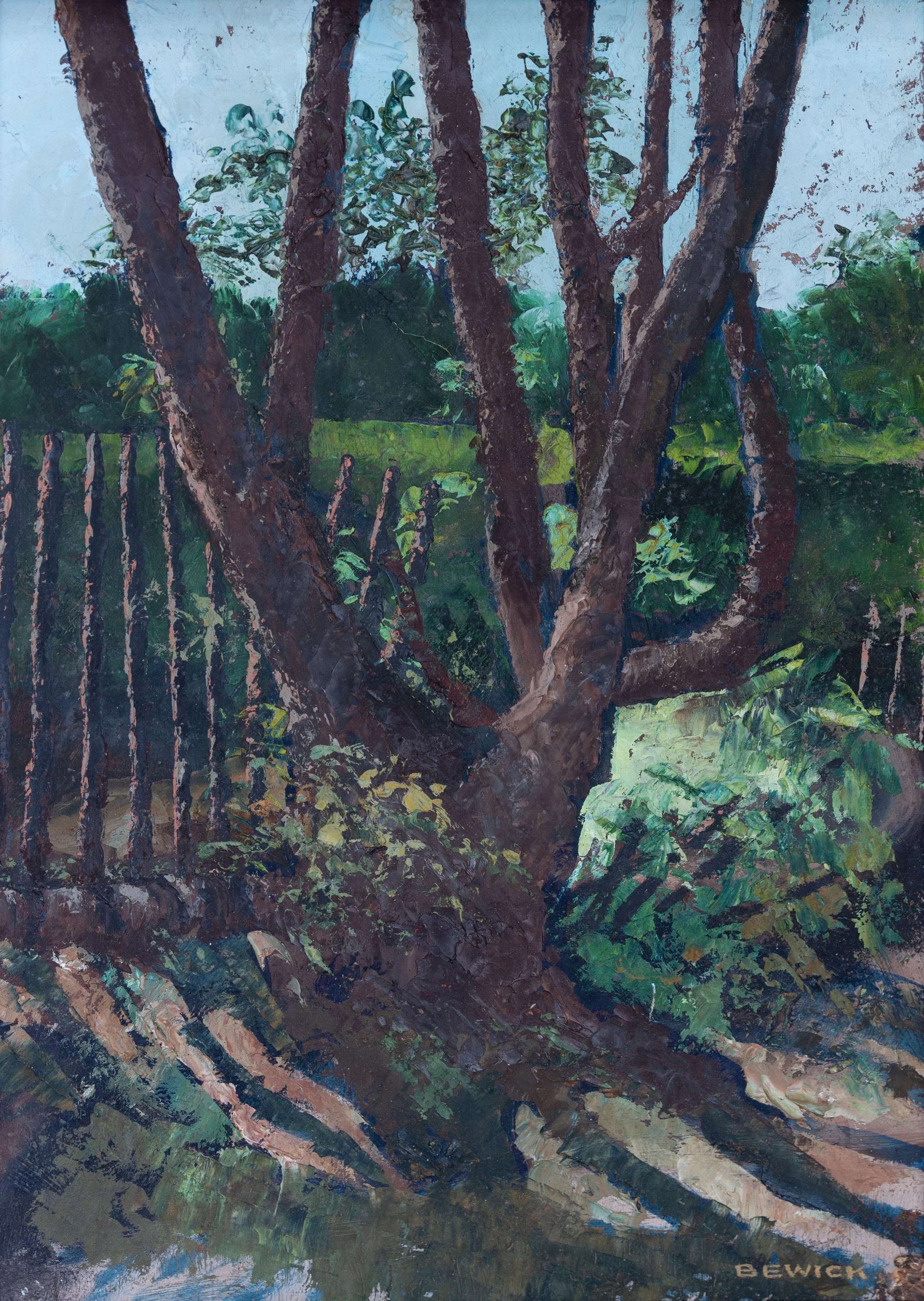 A painting of a large tree with thick branches and dense foliage, with a pathway or ground beneath it, painted in a realistic style with a focus on natural colors.