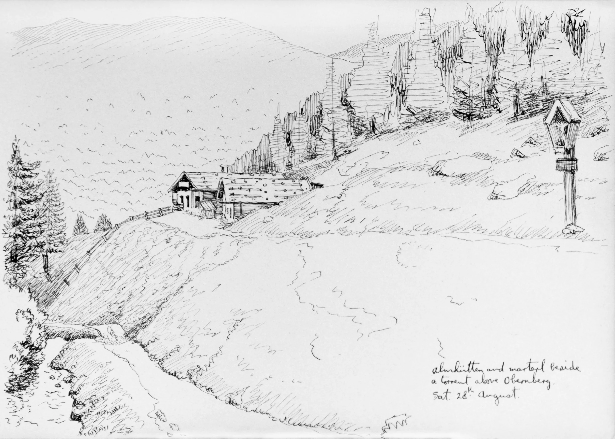A detailed sketch of a landscape showing a hillside with trees, a small building, and a tall wooden tower. Mountains are visible in the background. The drawing includes handwritten notes and is labeled with a date of August 28.