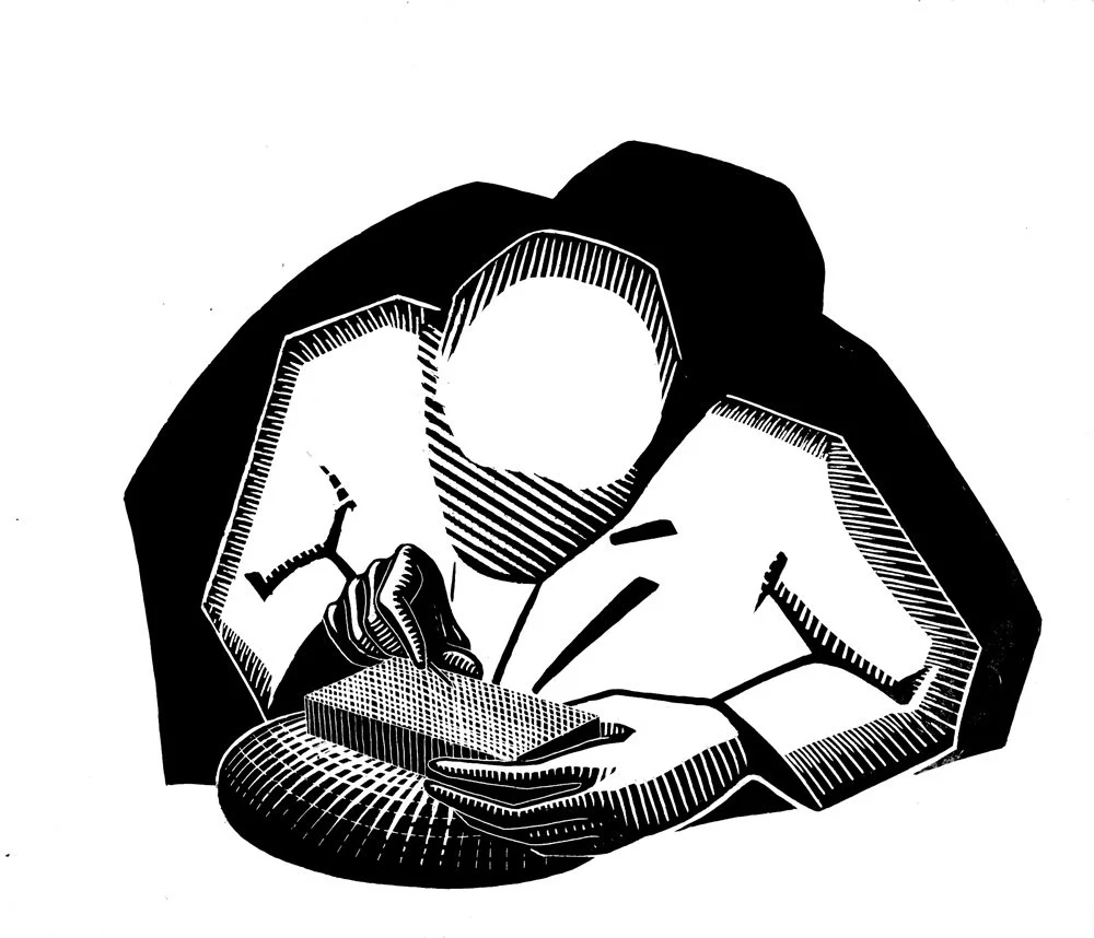 Black and white illustration of a person writing in a notebook