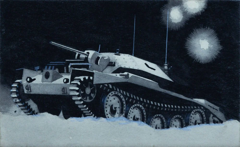 A dark illustration of a futuristic tank with a long barrel and treads on a snowy landscape, with abstract light bursts or explosions in the night sky.
