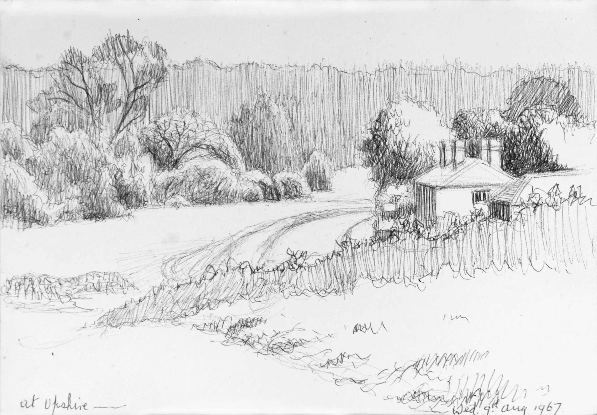 Black and white pen sketch of a rural landscape with a house, trees, and a hillside in the background, with handwritten notes at the bottom.