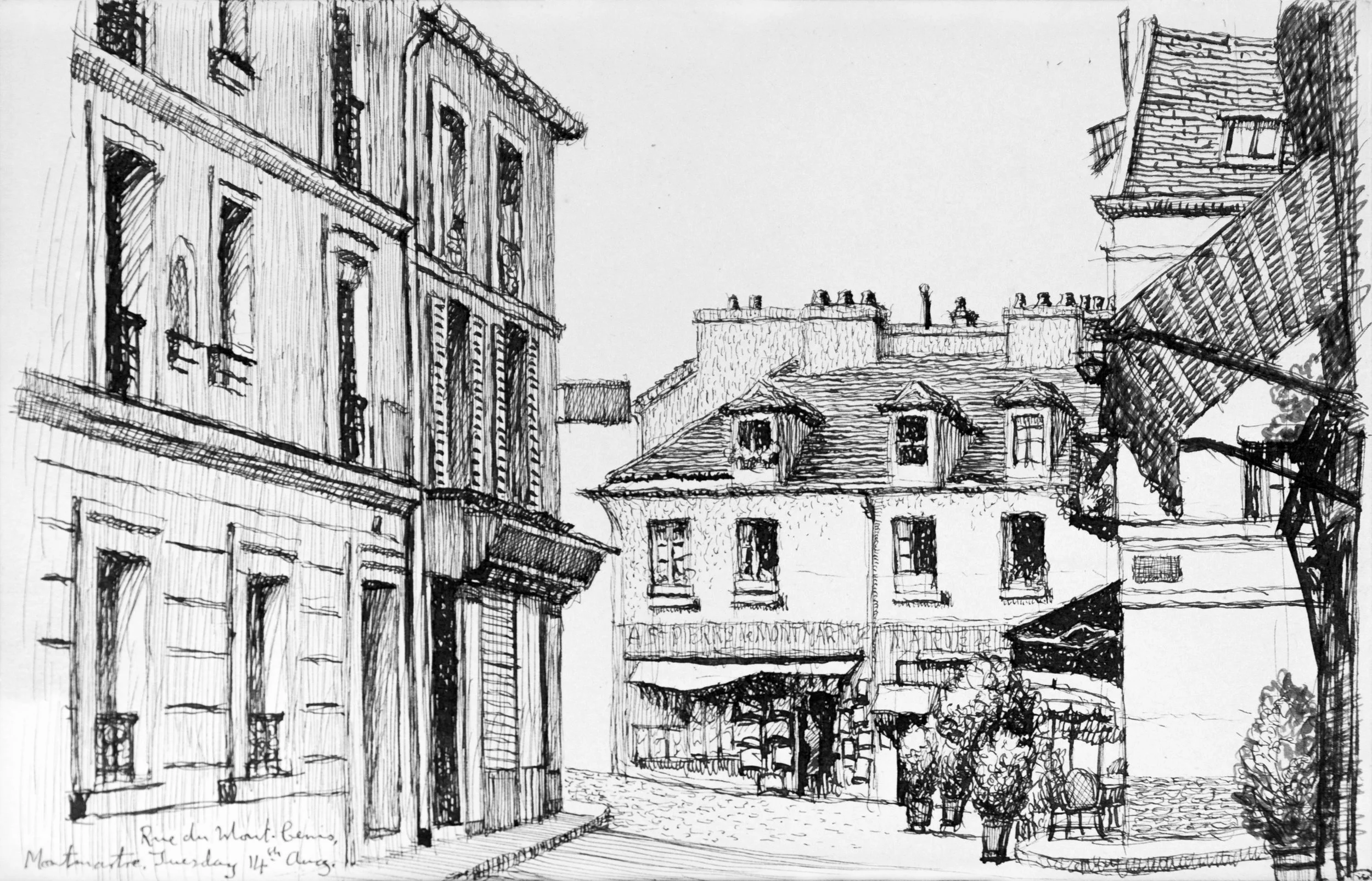 A black and white ink sketch of a city street scene showing old buildings with windows, rooftops with chimneys, and a street with a few people walking.