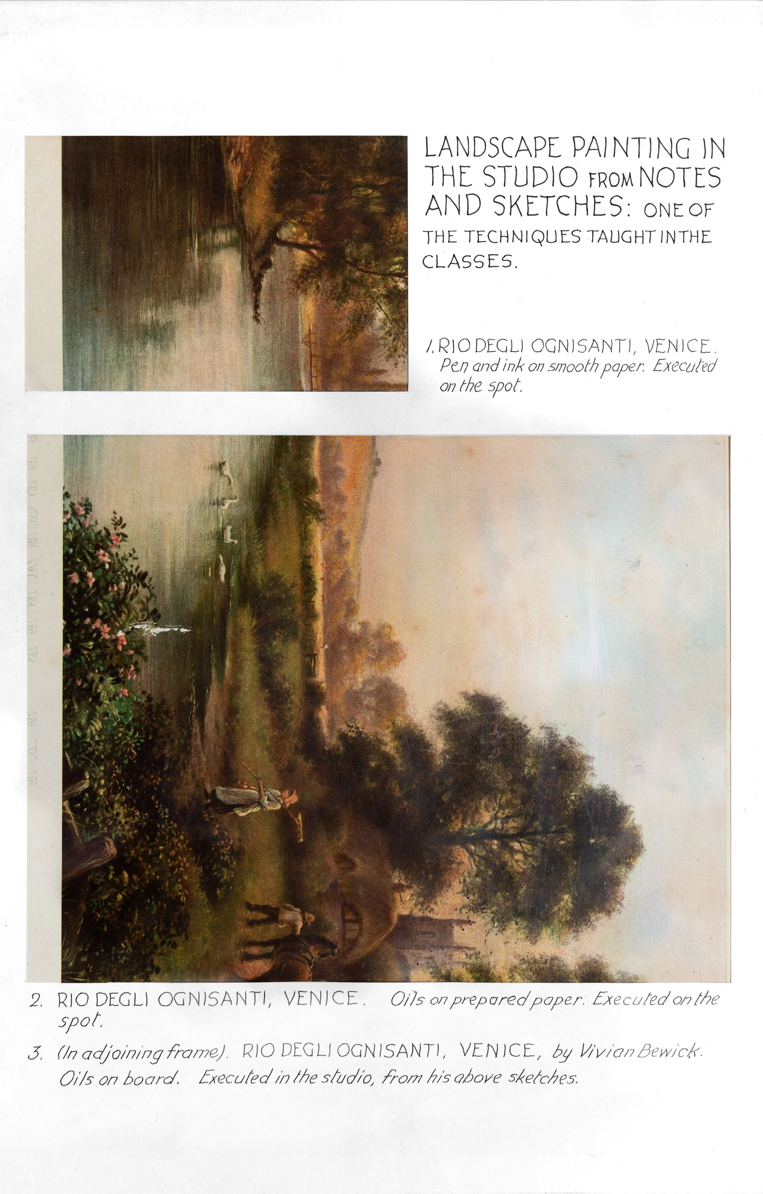 A landscape painting of a calm river with trees along the banks, a small boat, and a person standing by the water, executed in oil paints. The scene depicts a serene, natural environment at dusk or dawn.