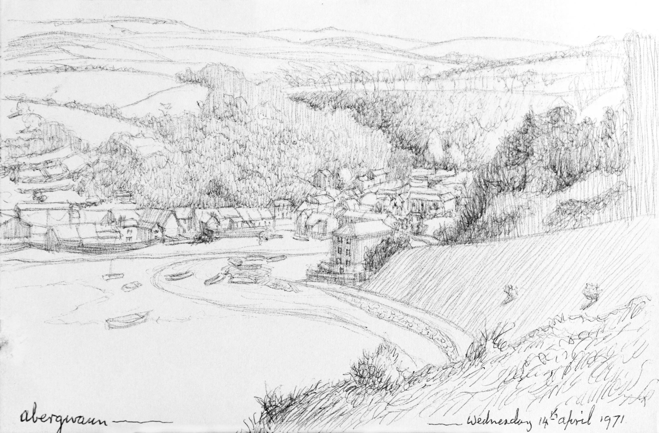 A detailed pencil sketch of a landscape featuring a river with boats, surrounded by trees and buildings, with hills in the background. The sketch includes handwritten notes at the bottom, mentioning 'albergau... Wednesday 14 April 1971'.