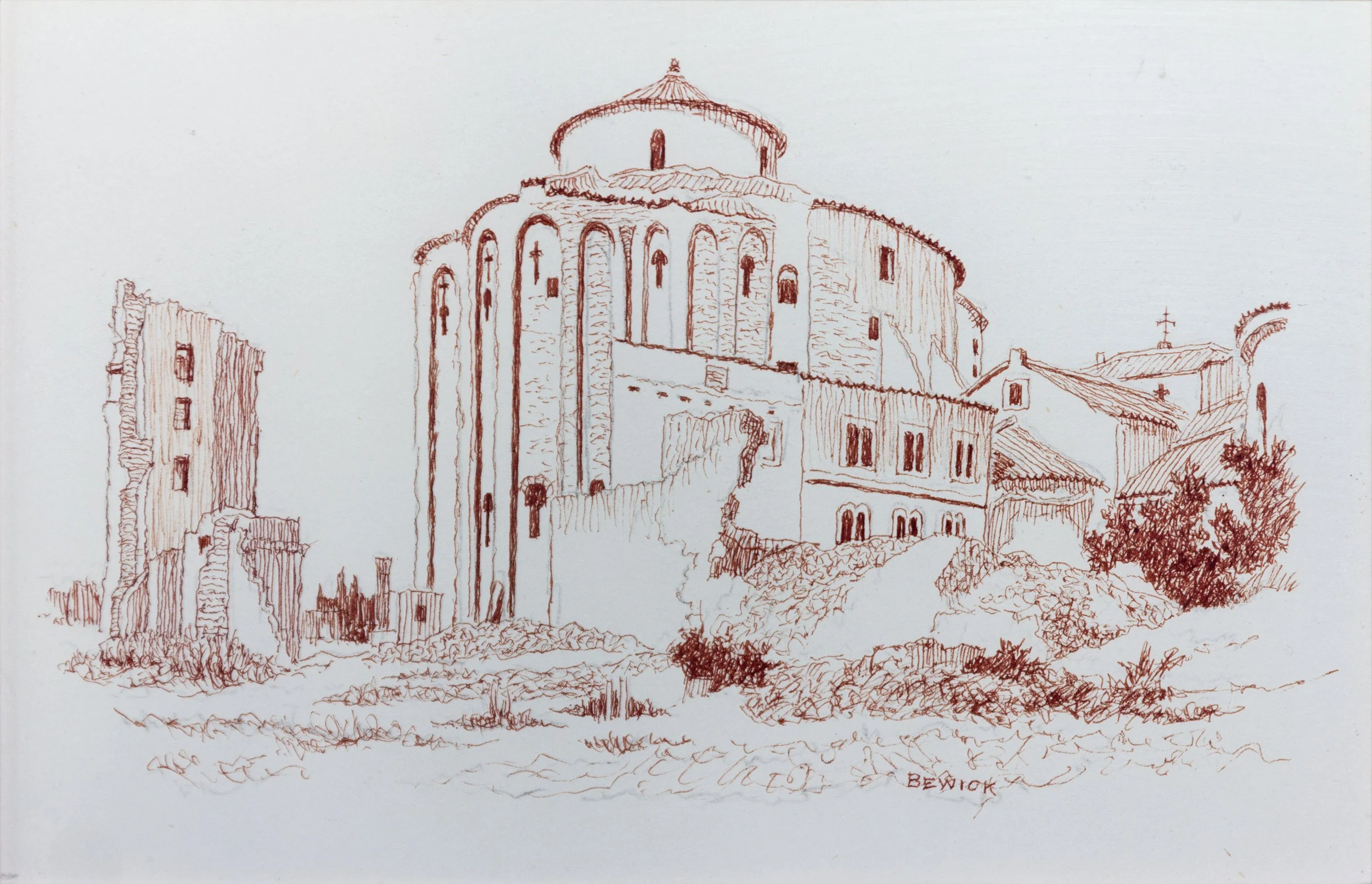 A detailed sketch of a castle-like building with rounded towers and cross-shaped windows, drawn with fine lines in a brownish hue, signed by Beowiok in the bottom right corner.
