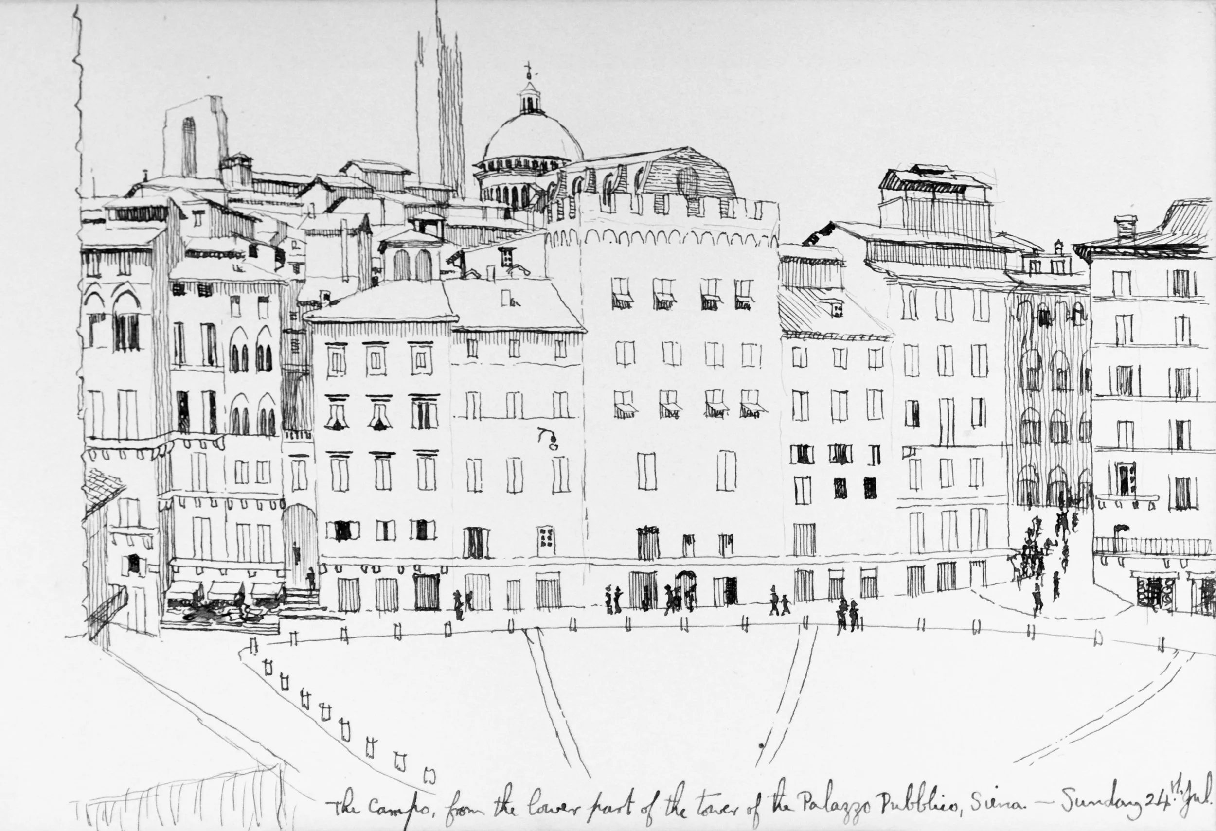 A detailed black and white sketch of buildings in Siena, Italy. It features a prominent round-domed structure and several other historic buildings with multiple windows and rooftops, some with chimneys, along with people walking and trees in the fore