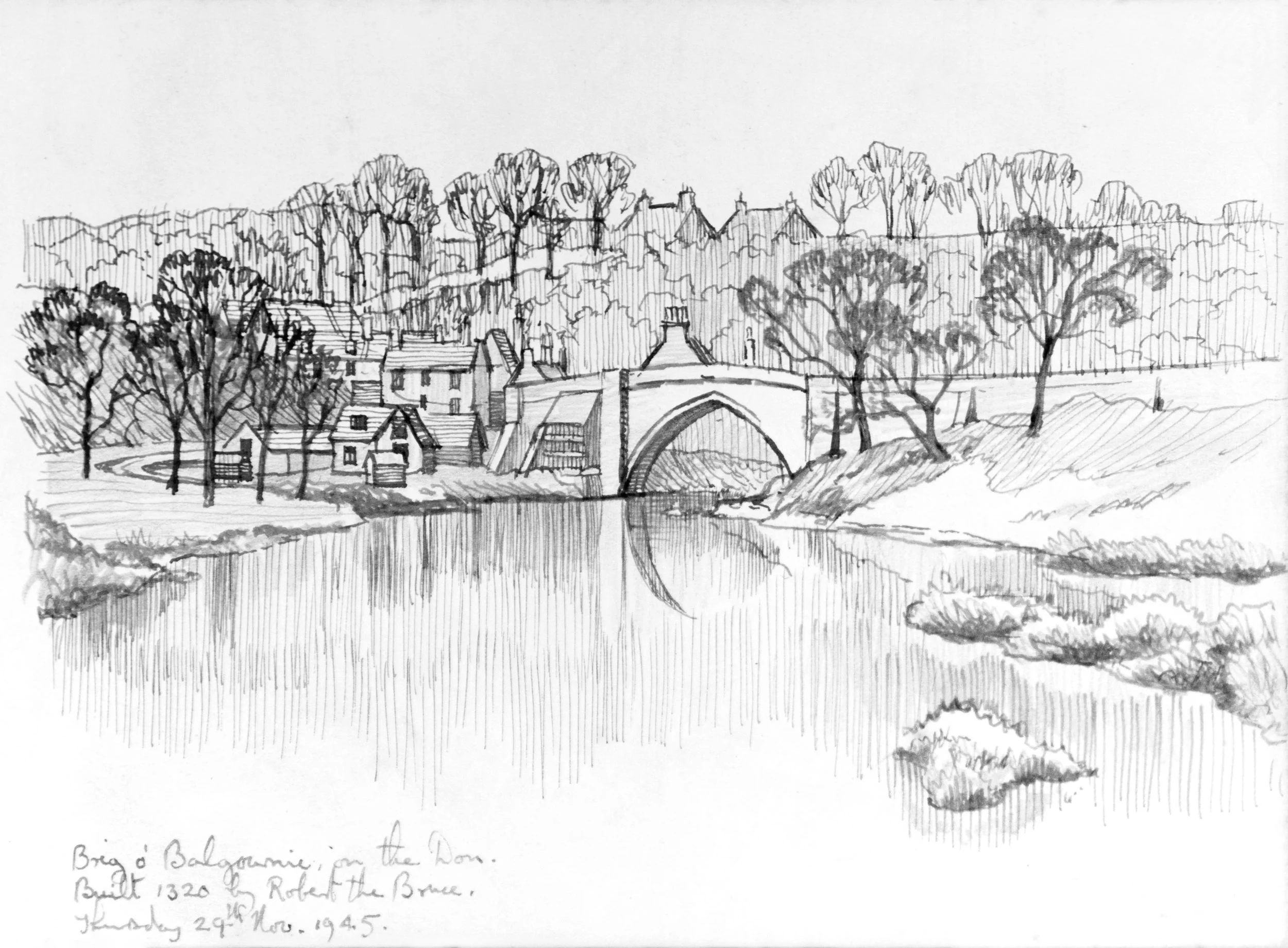 A black and white sketch of a bridge over a river, with buildings and trees on the banks, and a hillside with trees in the background.