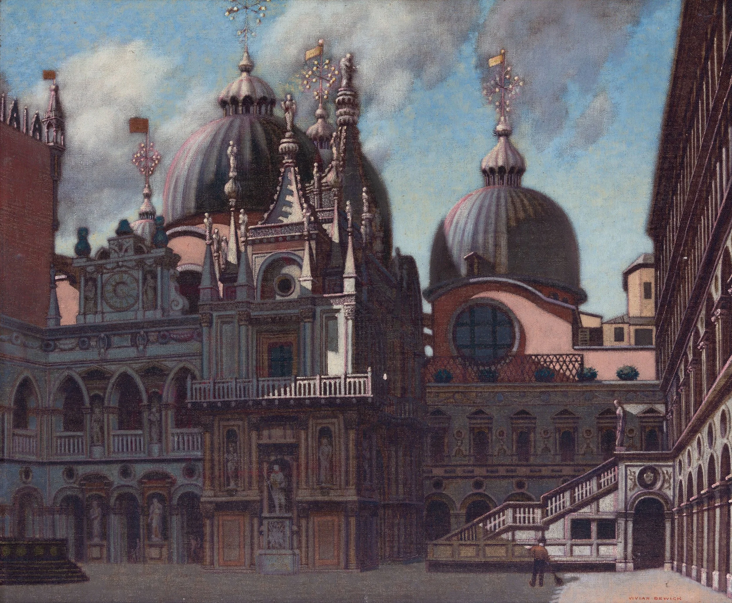 Painting of a grand architectural building with multiple domes, arches, and decorative details, set against a cloudy sky.