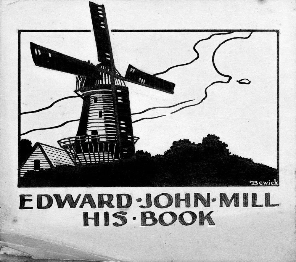 Black and white illustration of a windmill with a house nearby, titled 'Edward John Mill His Book' by Bewick.